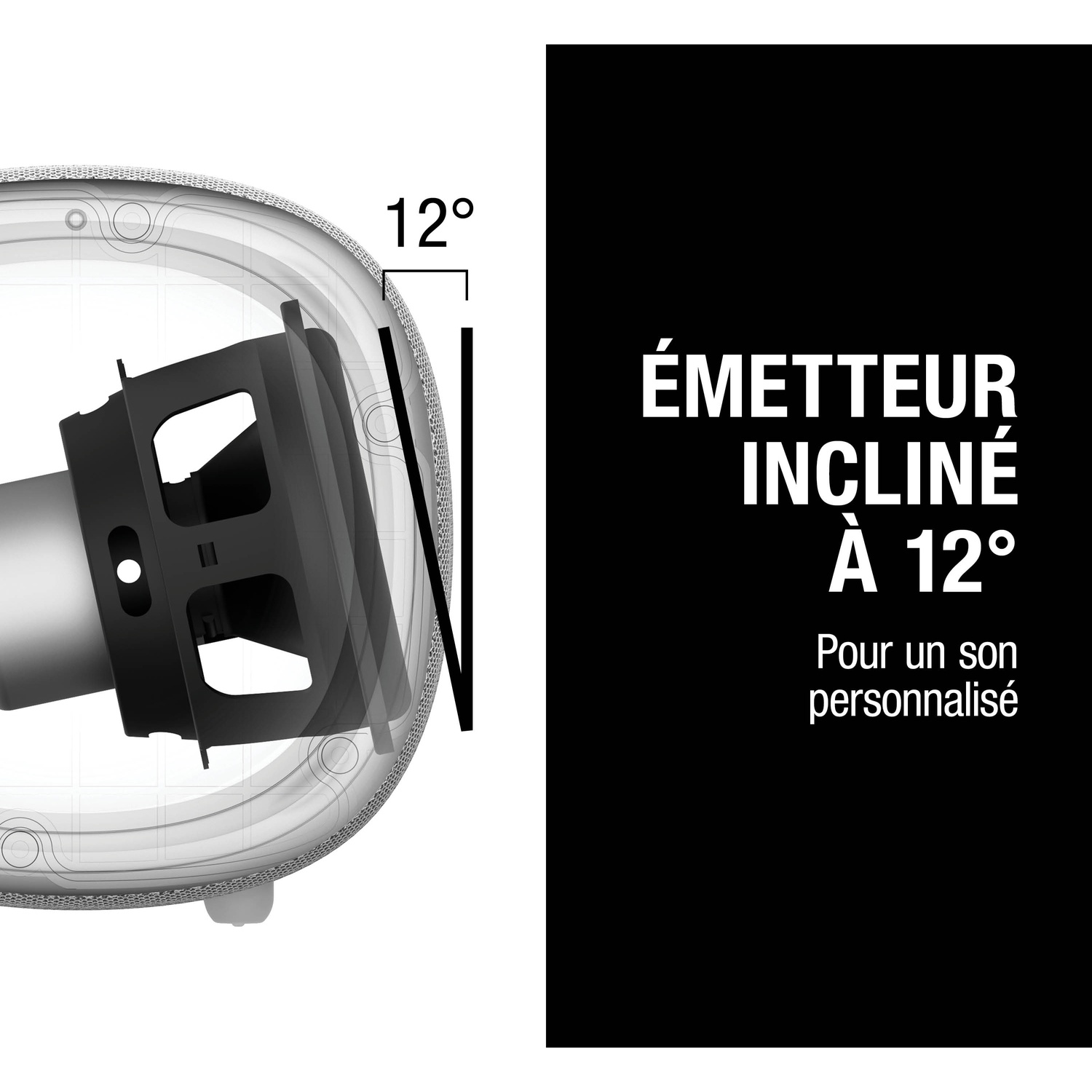 Émetteur d'enceinte noir incliné à 12° pour un son personnalisé.
