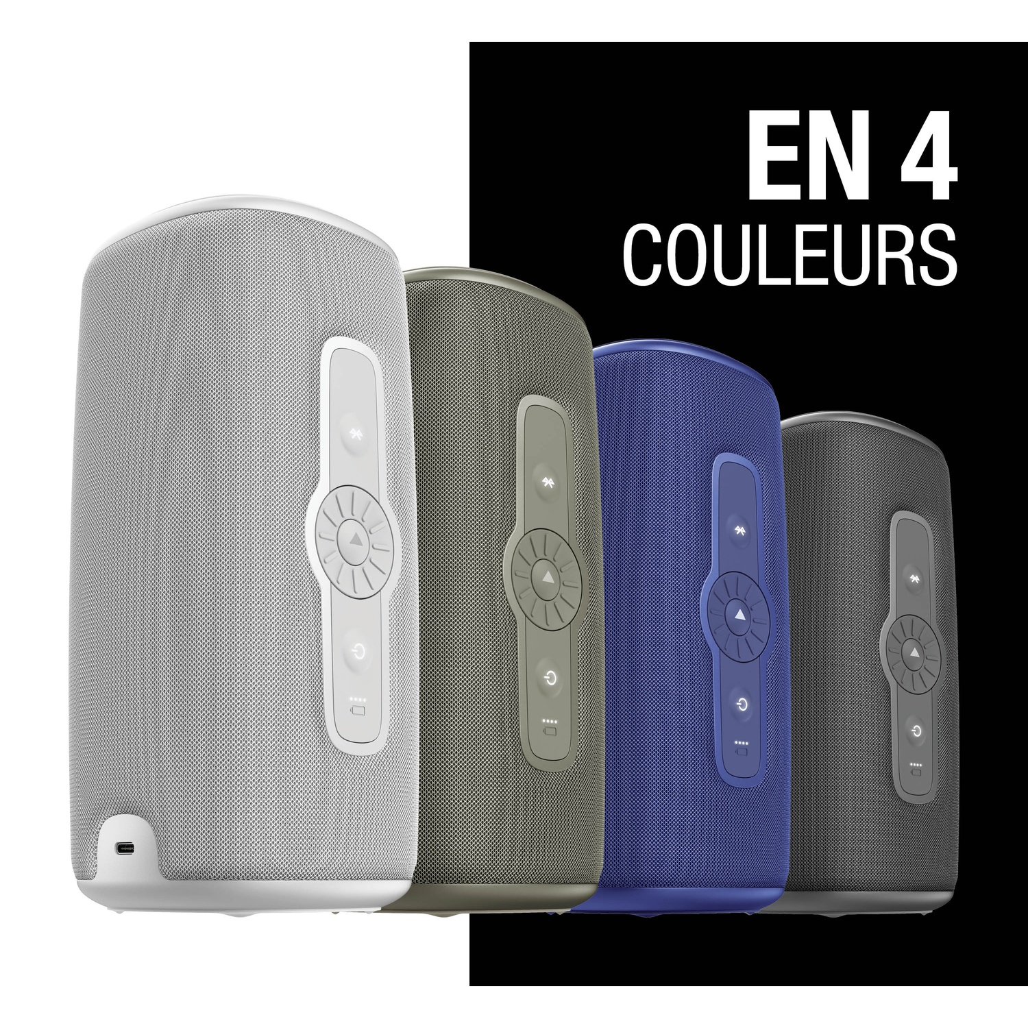 Quatre haut-parleurs portables gris, vert olive, bleus et noirs côte à côte.