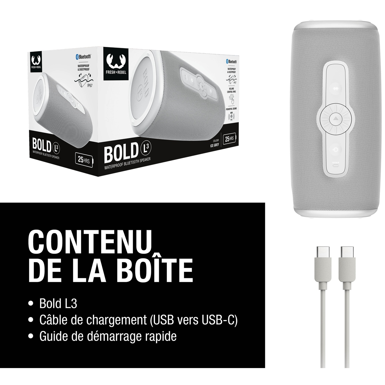 Une enceinte Bluetooth grise avec accessoires et emballage produit.