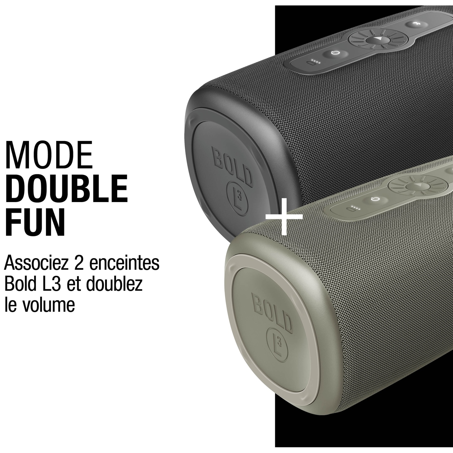 Deux enceintes Bold L3 noires et vertes côte à côte avec un signe plus.