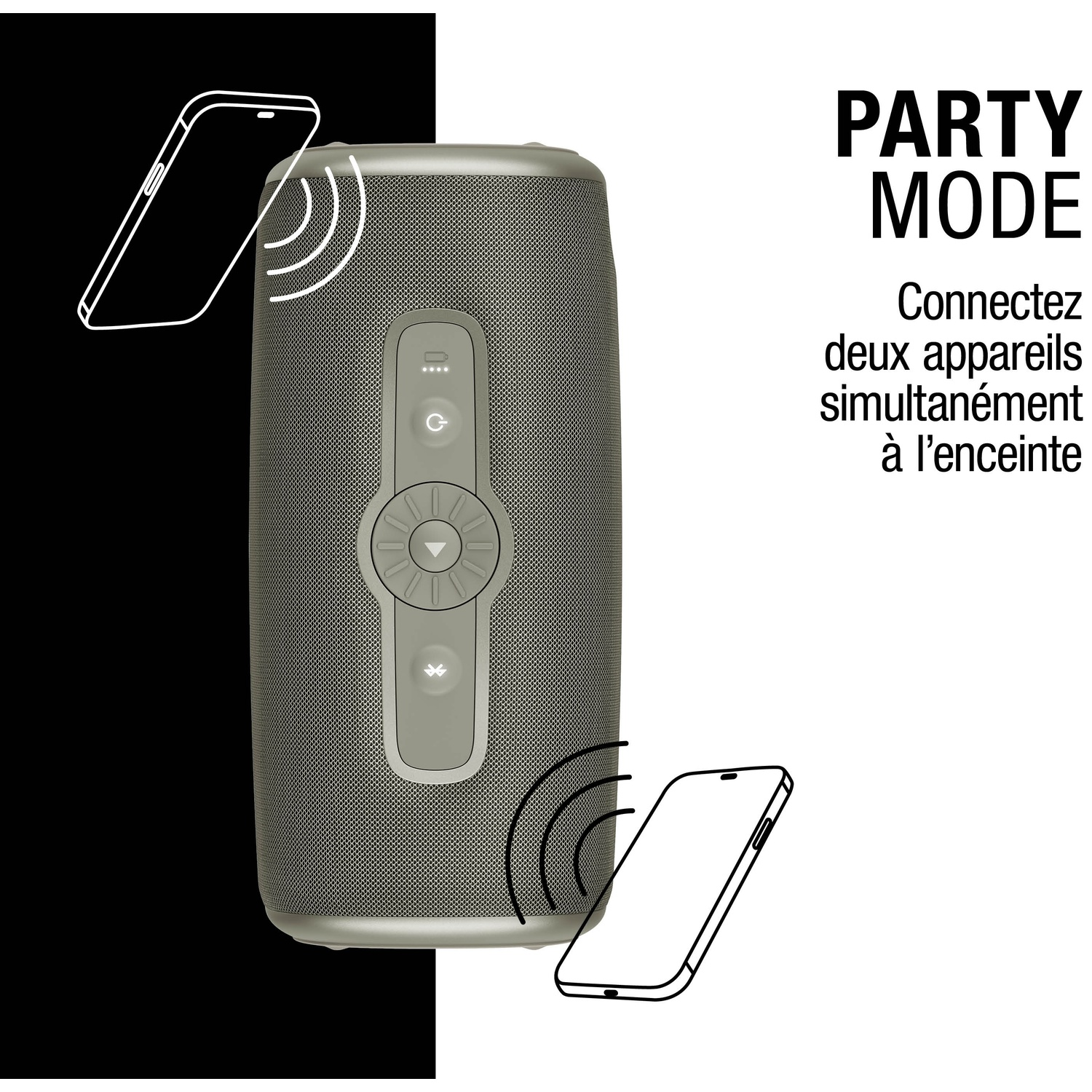 Haut-parleur gris avec deux icônes de téléphone indiquant la connexion. Mode Fête.