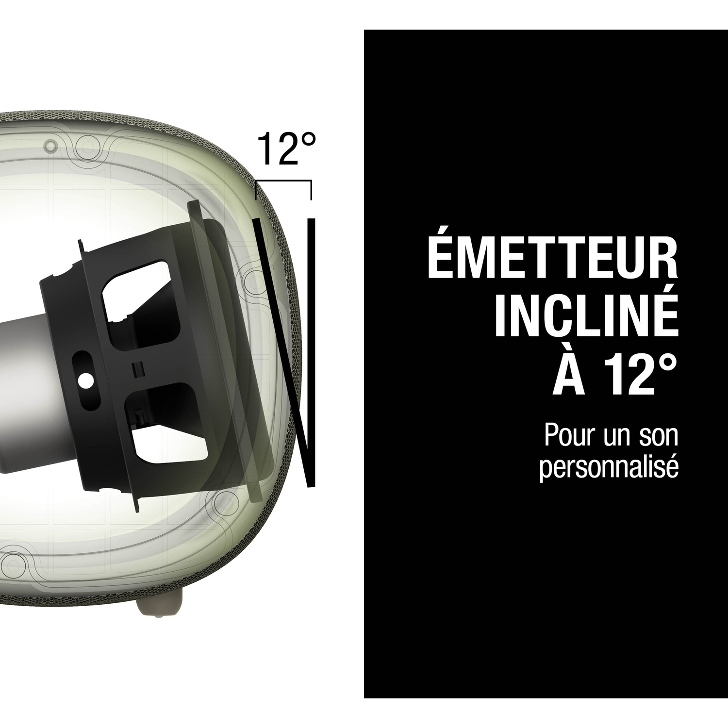 Émetteur incliné à 12 degrés pour un son personnalisé.