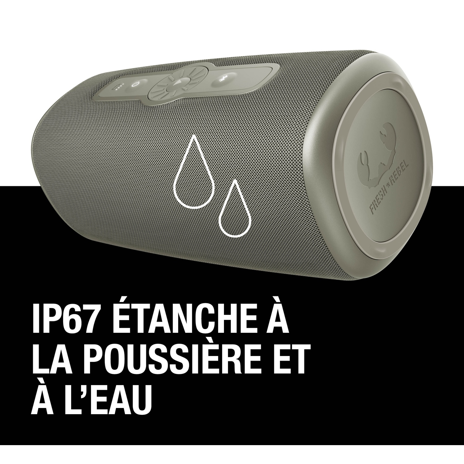 Haut-parleur gris étanche avec boutons et icônes de gouttes d'eau.