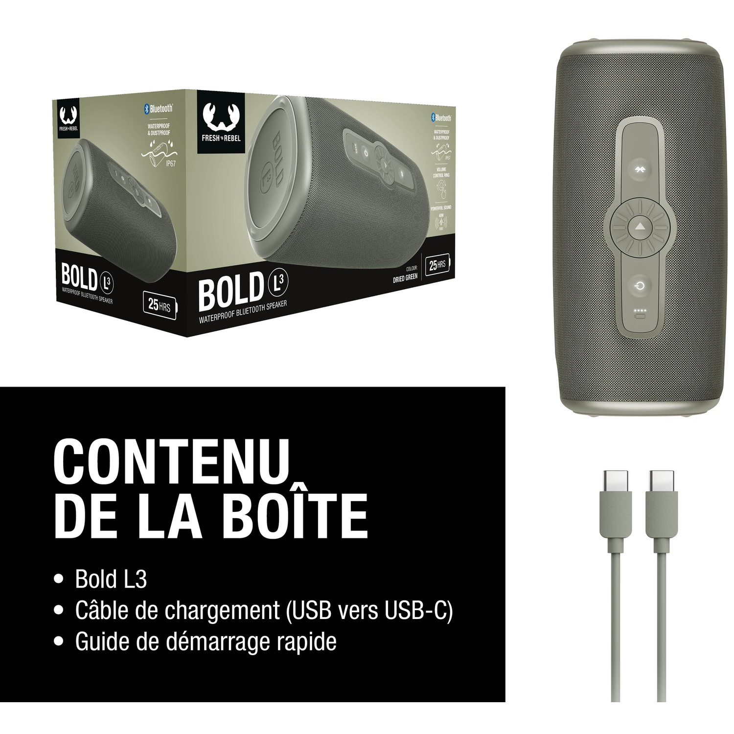 Un haut-parleur Bluetooth vert avec deux câbles USB-C et emballage.