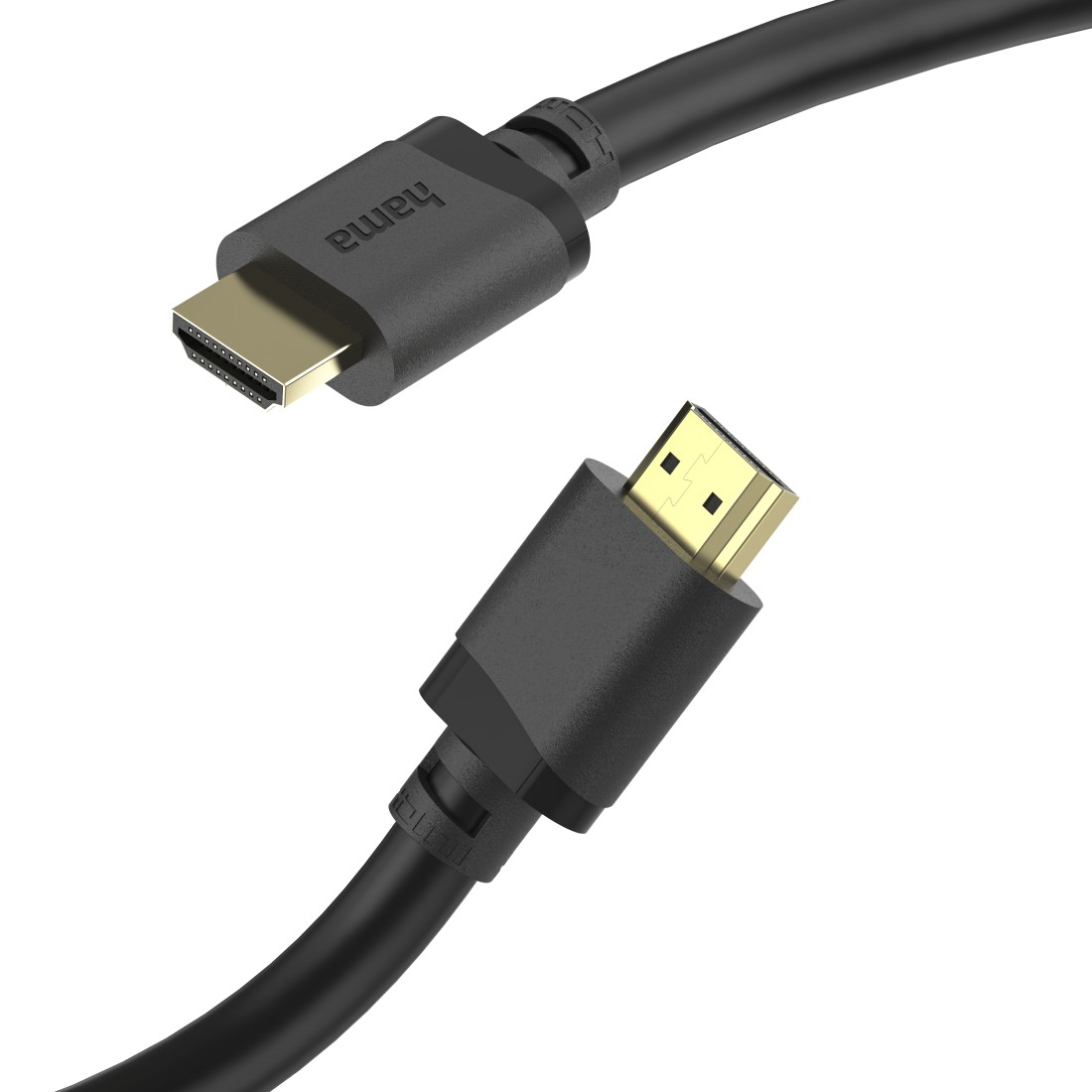 Beyaz arka plan üzerinde altın konektörlü iki siyah HDMI kablosu.