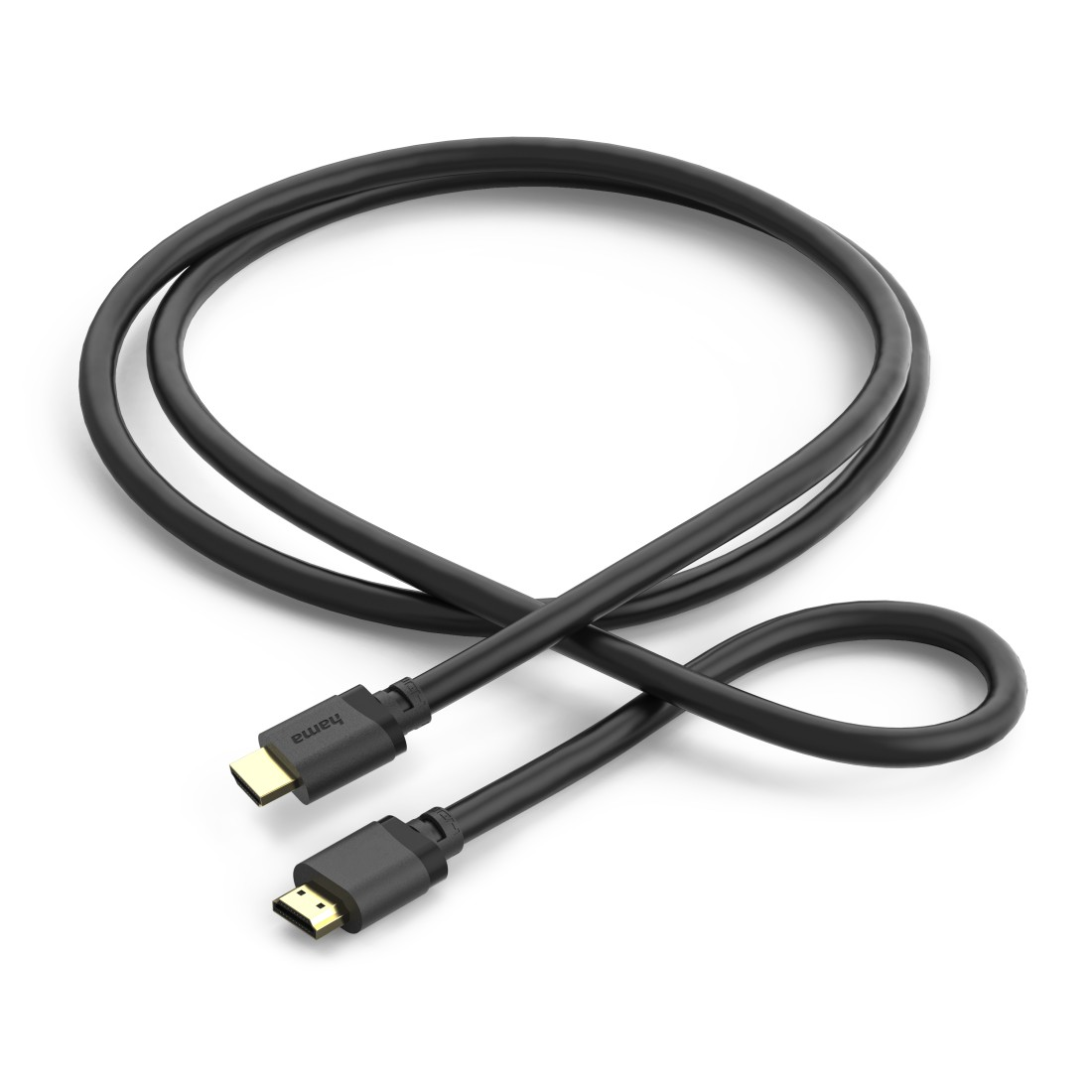 İki konektörlü siyah HDMI kablosu, beyaz zeminde yatıyor.