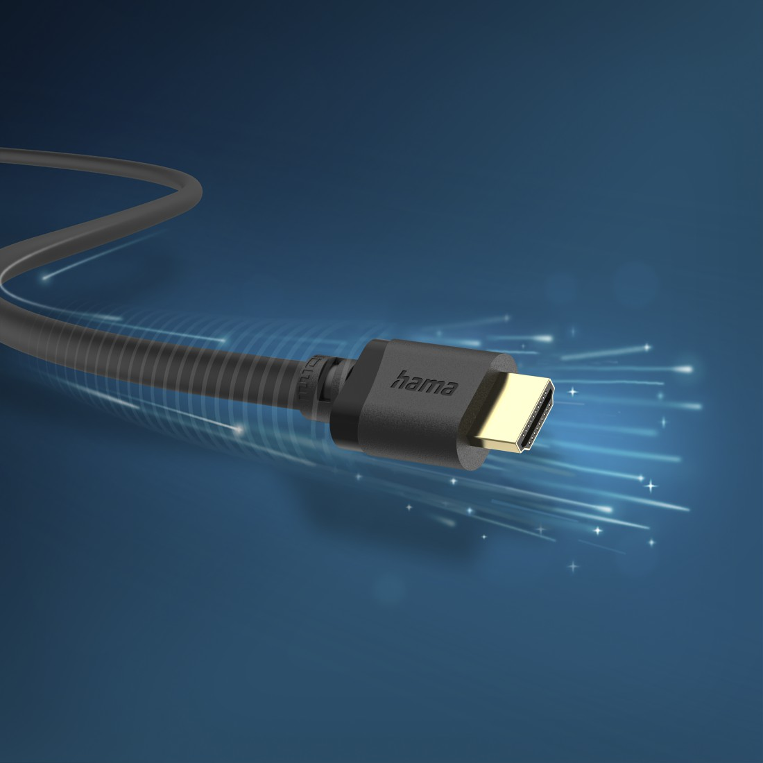 Işık huzmeleriyle mavi arka planda bir Hama HDMI kablosu.