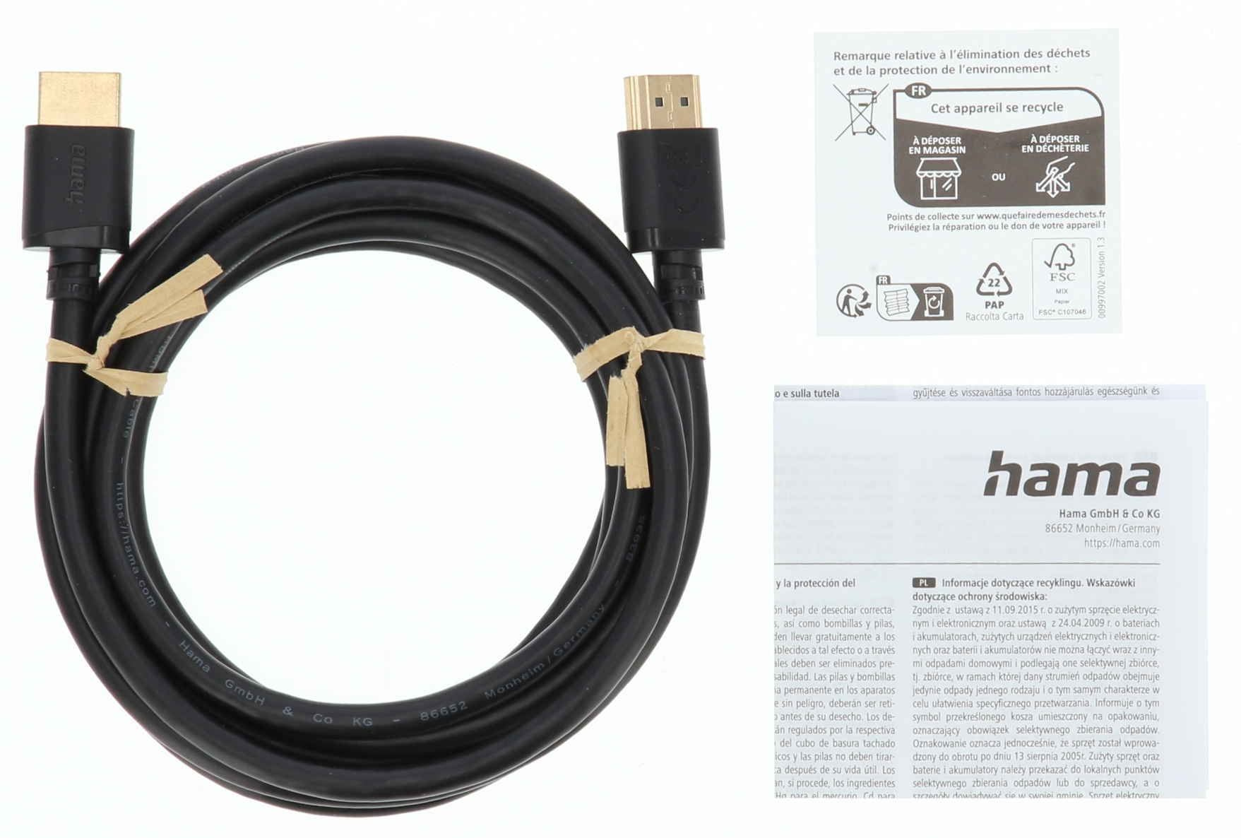 Altın konnektörlü siyah Hama HDMI kablosu, sarılmış ve bağlanmış.