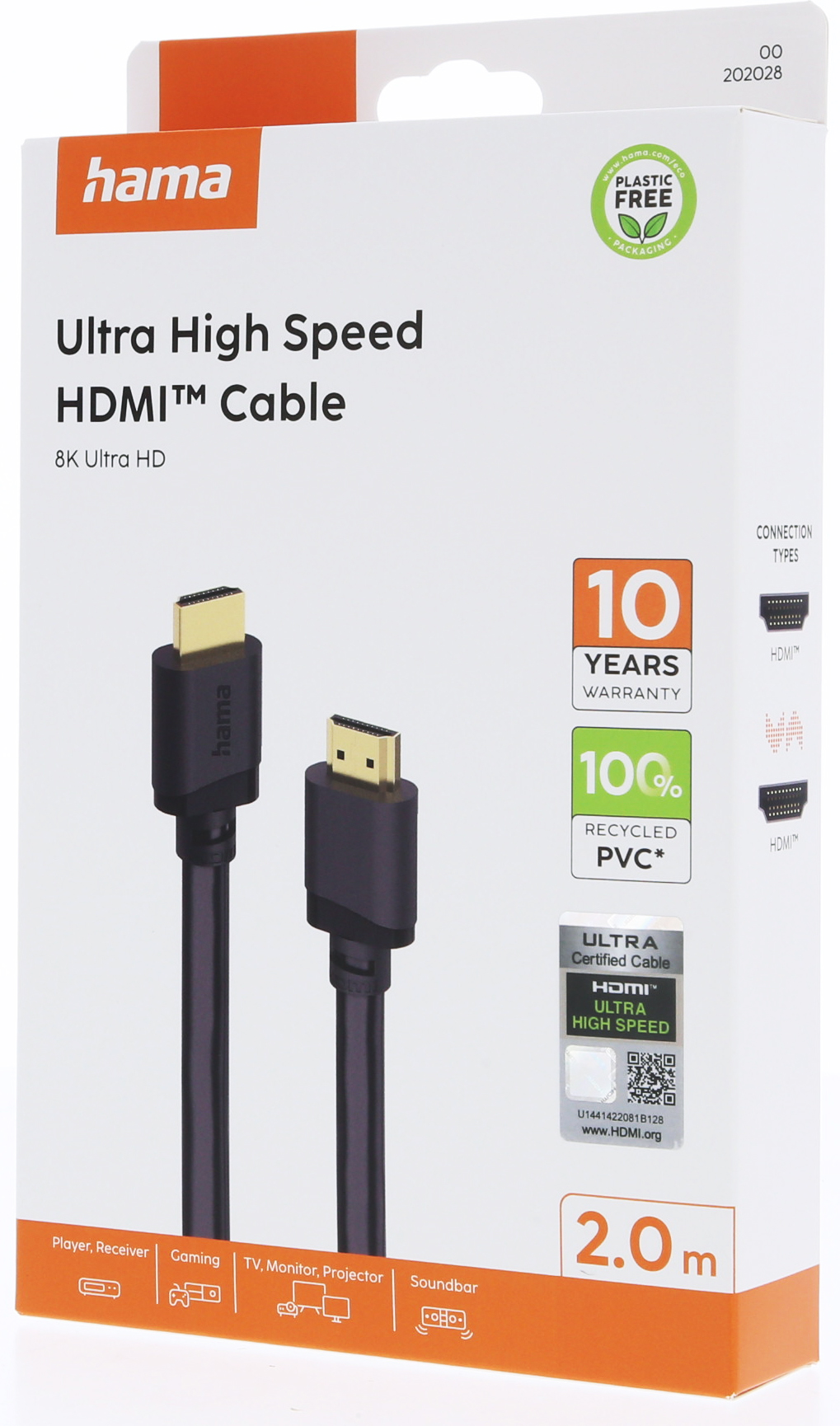 Hama HDMI kablo, 2m, Ultra High Speed, 8K, iki siyah konektörlü.