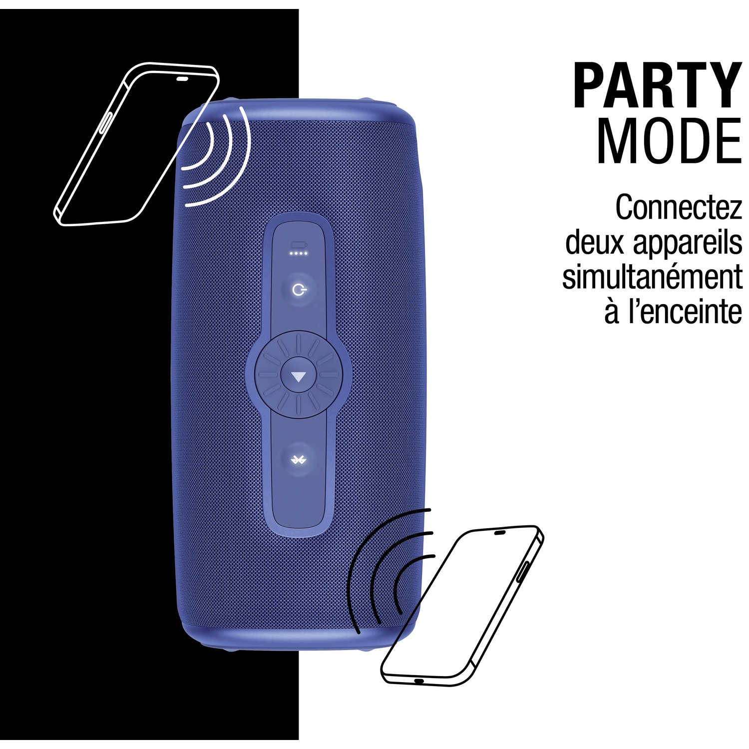 Haut-parleur bleu avec deux smartphones connectés et texte 'Party Mode'.