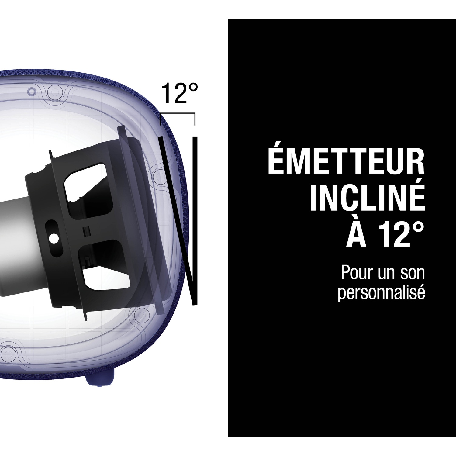 Émetteur incliné à 12° pour un son personnalisé. Intérieur d'un haut-parleur.