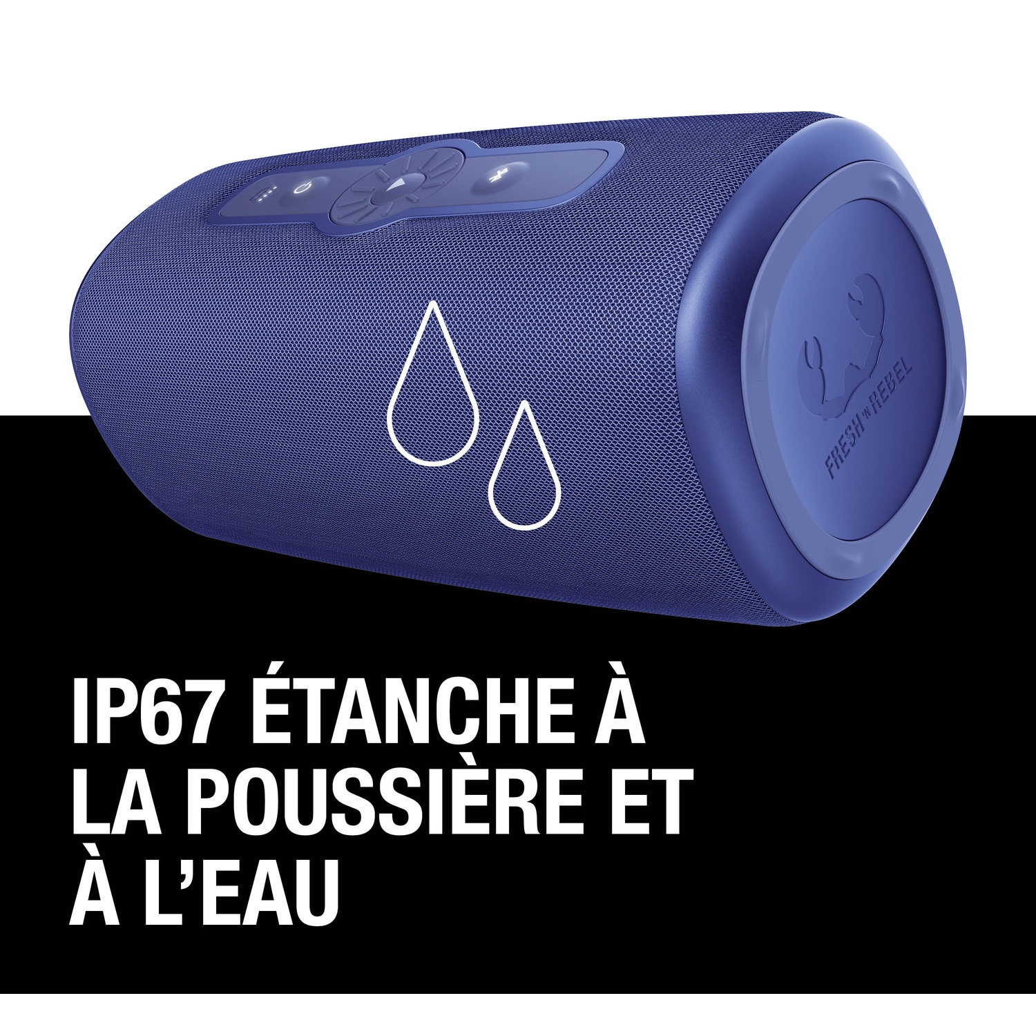 Une enceinte Bluetooth bleue et étanche avec des commandes et une icône de goutte.