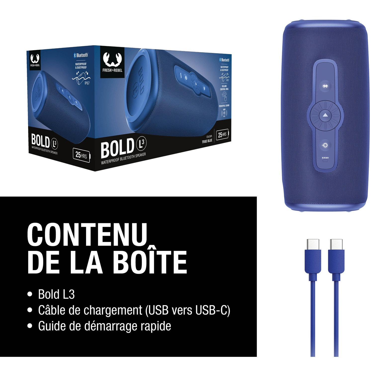 Blauwe Bluetooth speaker en accessoires op witte achtergrond.