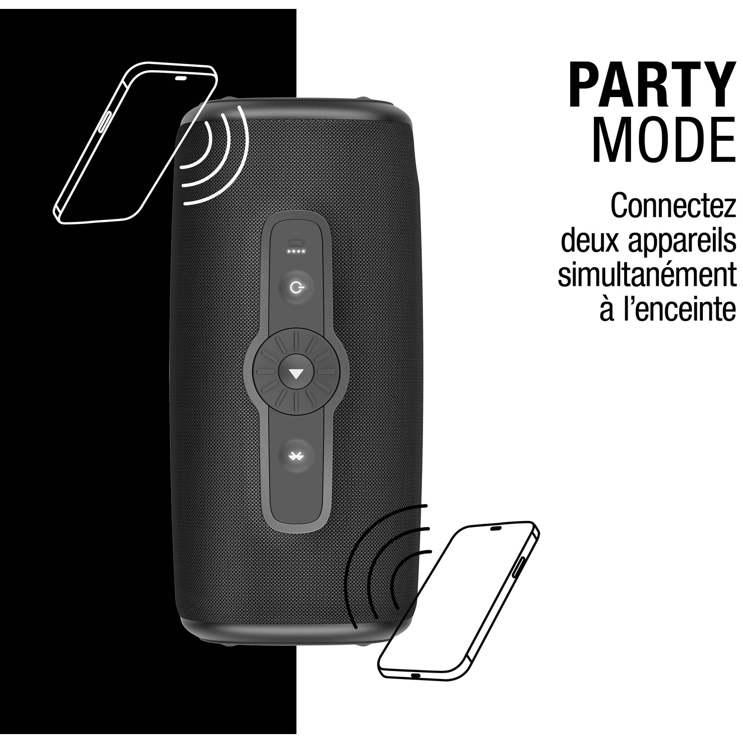 Enceinte noire avec deux téléphones esquissés, indiquant la connexion Mode Fiesta.