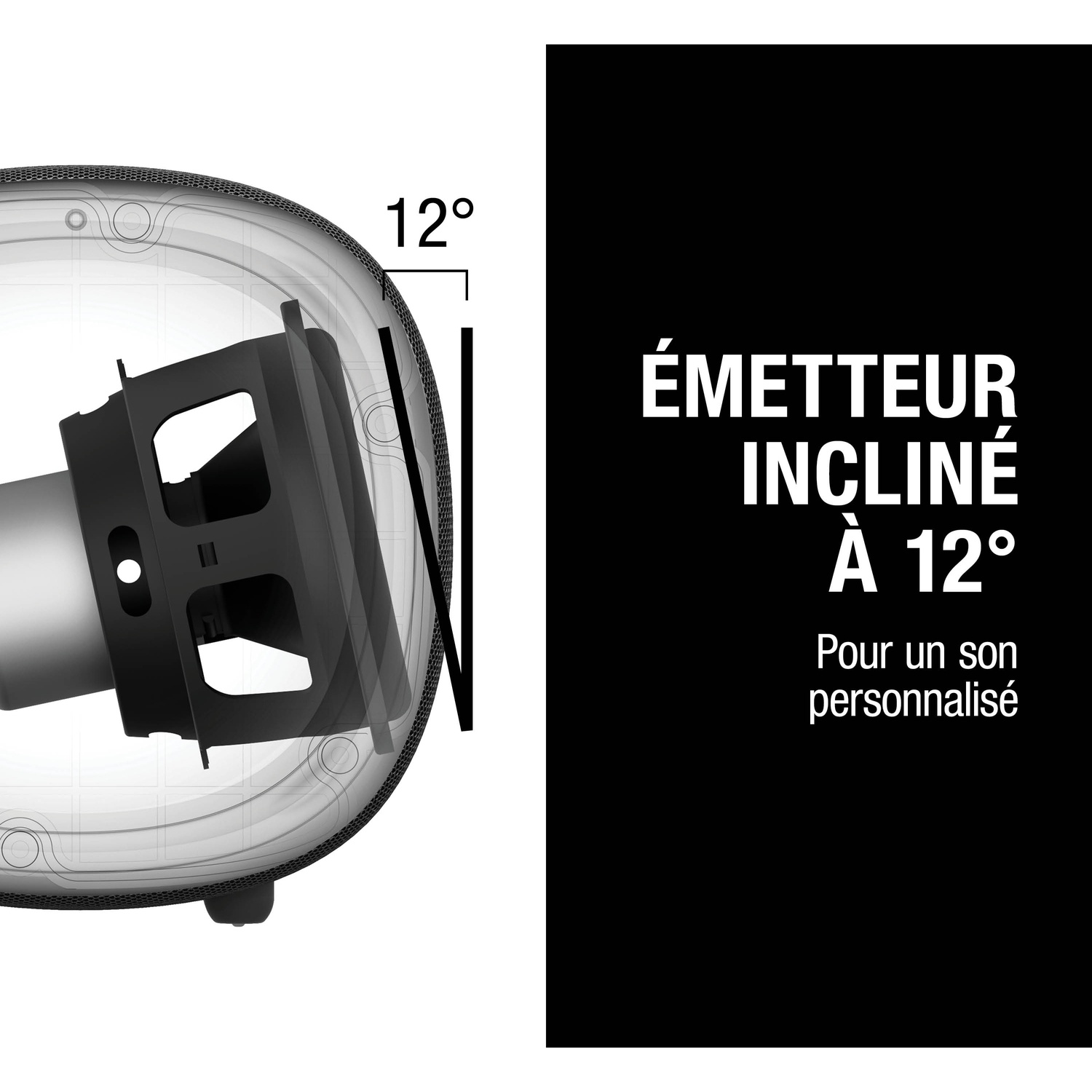 Émetteur incliné à 12° pour un son personnalisé.