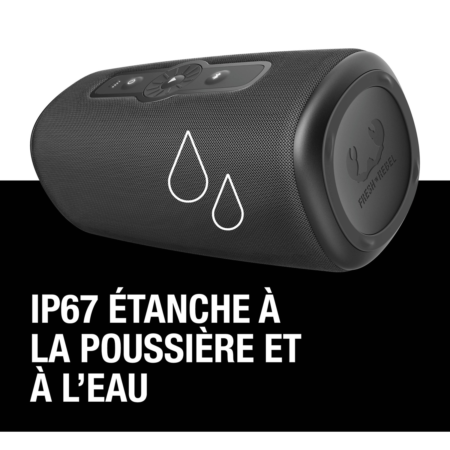 Haut-parleur noir, étanche IP67, avec boutons de commande et icônes de goutte.