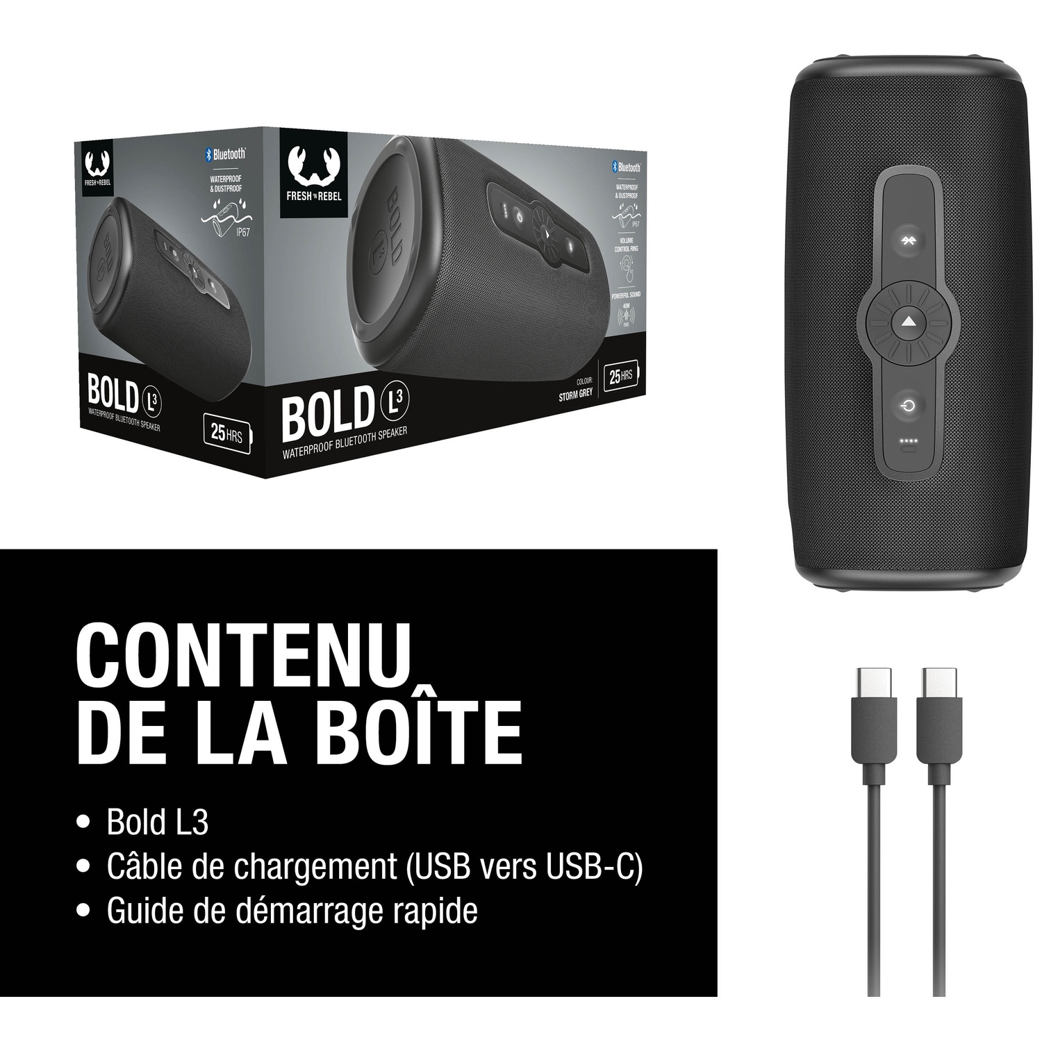 Haut-parleur Bluetooth noir avec câbles de chargement et emballage.