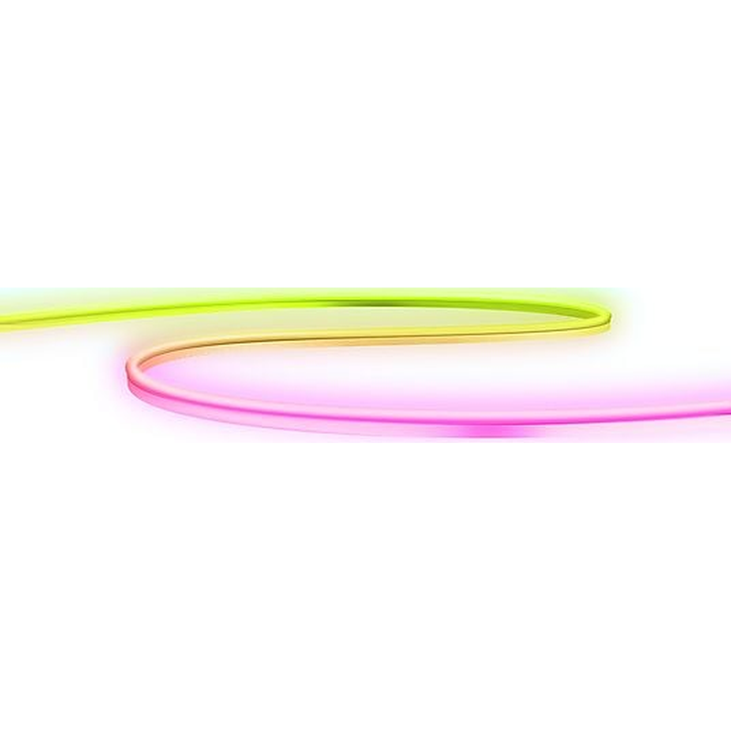 A curved neon light strip transitions from green to pink on a white background.