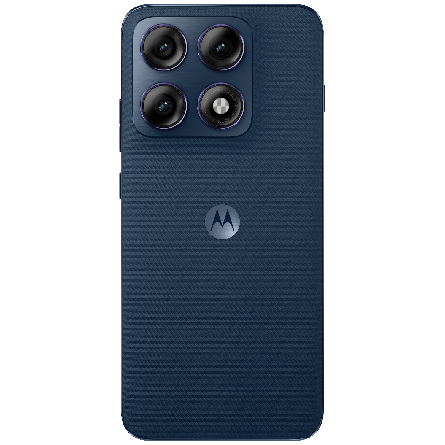 Back of a dark blue Motorola smartphone with four cameras and logo.