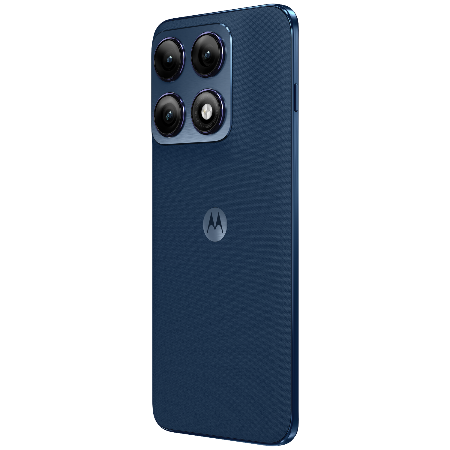 Dark blue smartphone with four cameras and Motorola logo on a black background.
