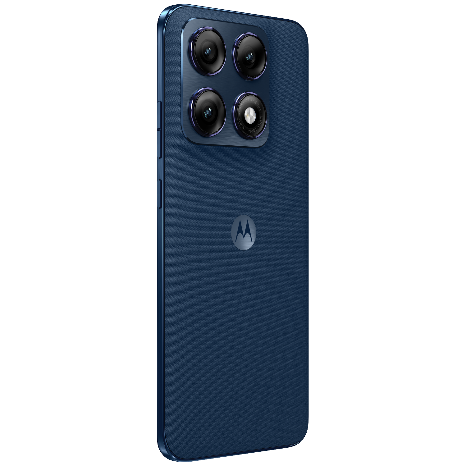 Dark blue Motorola phone with four cameras and logo on a black background.