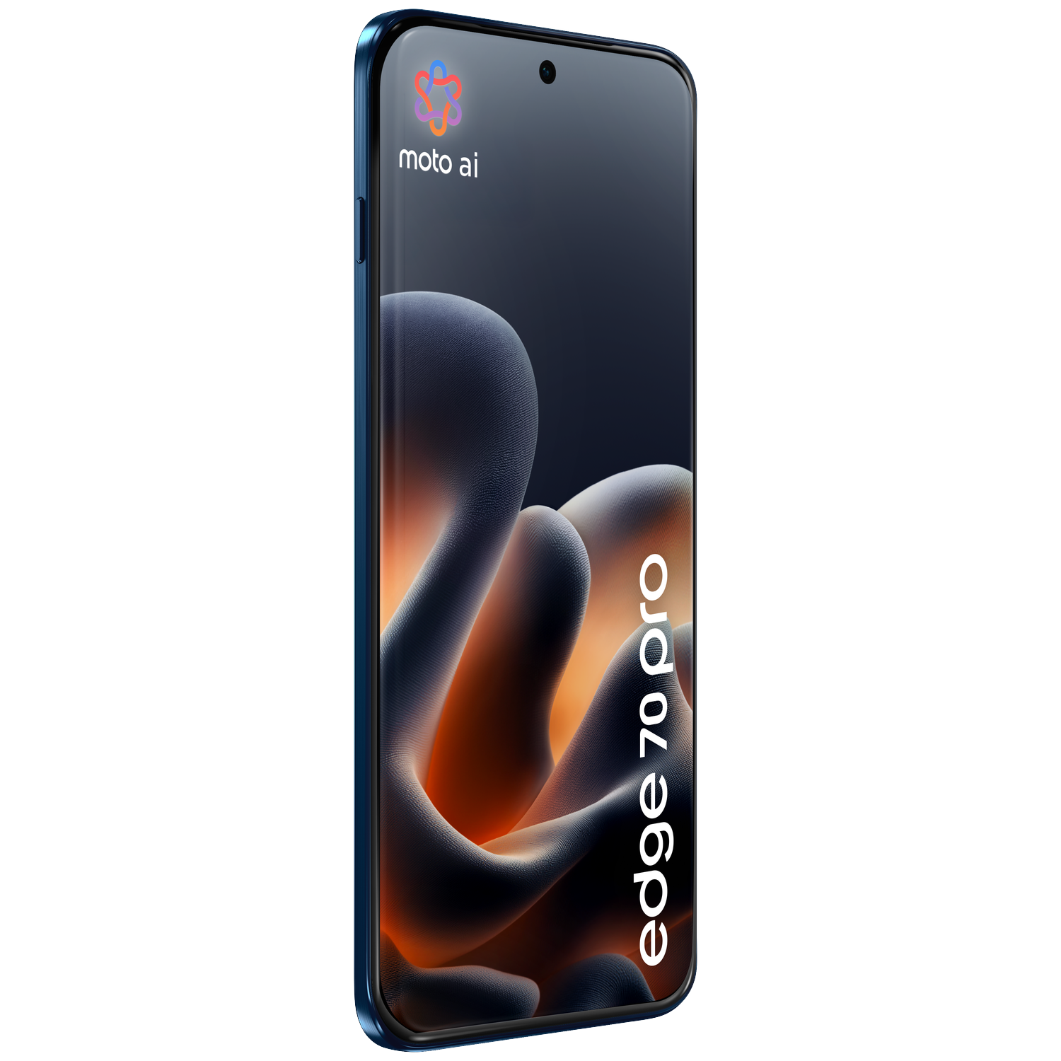 A blue smartphone displaying "moto ai" and "edge 70 pro" text.