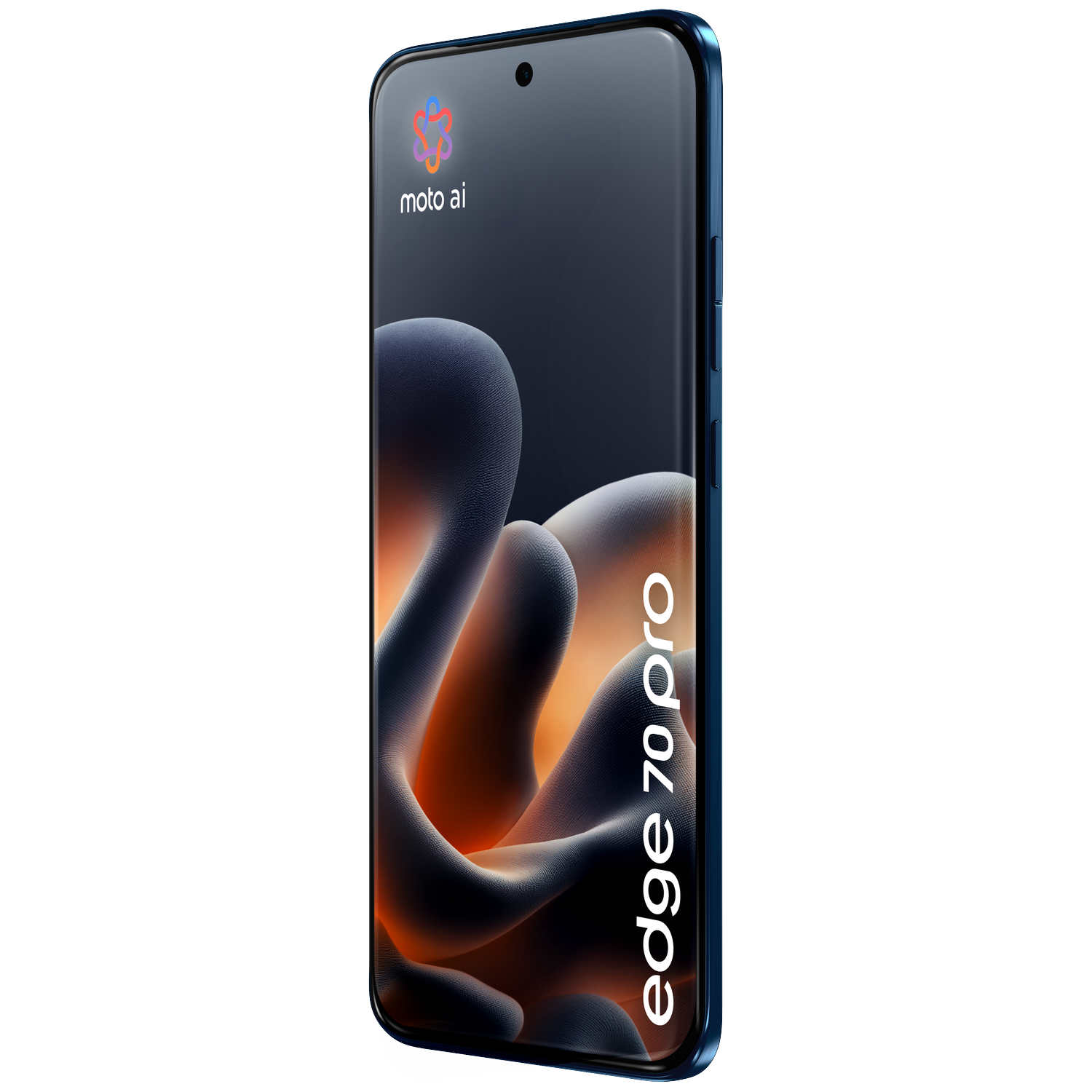 A blue smartphone displaying 'edge 70 pro' text and the 'moto ai' logo.