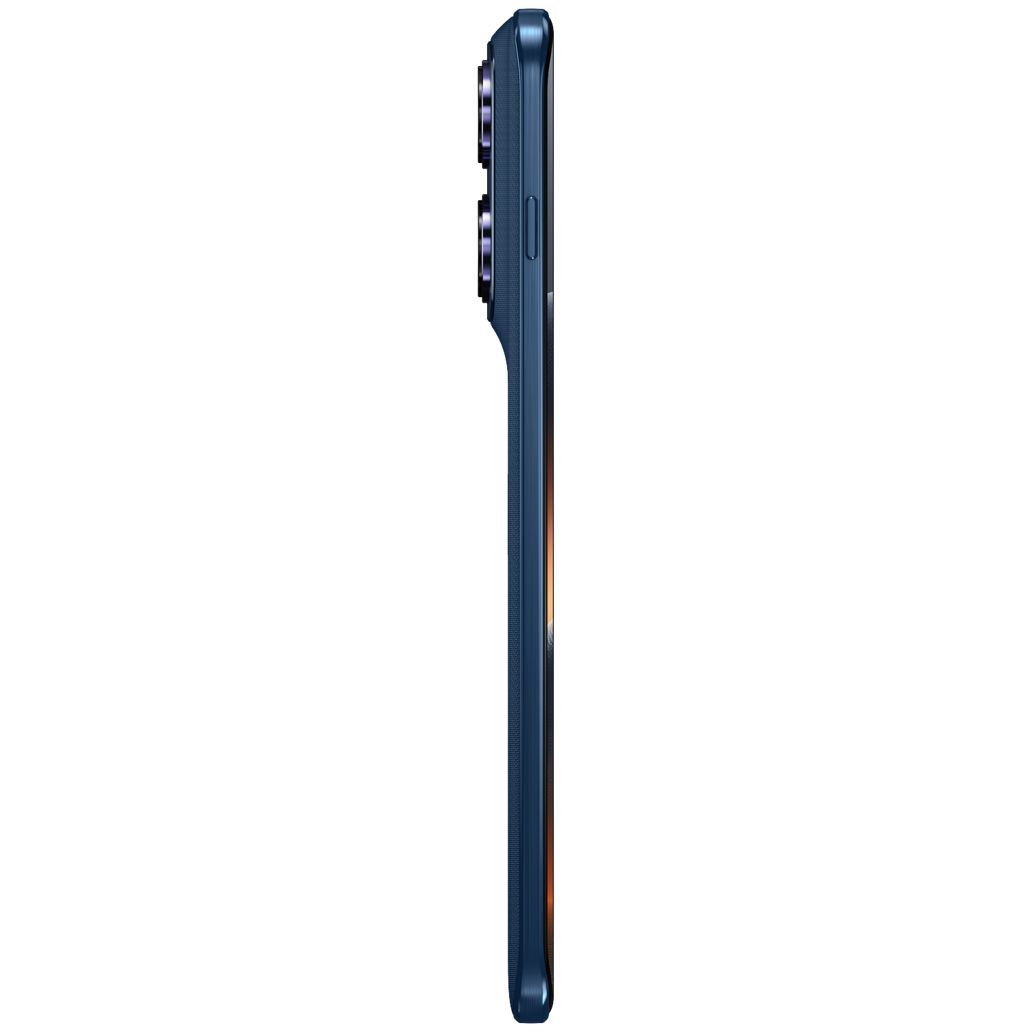 Side view of a blue smartphone showing cameras and buttons on a white background.