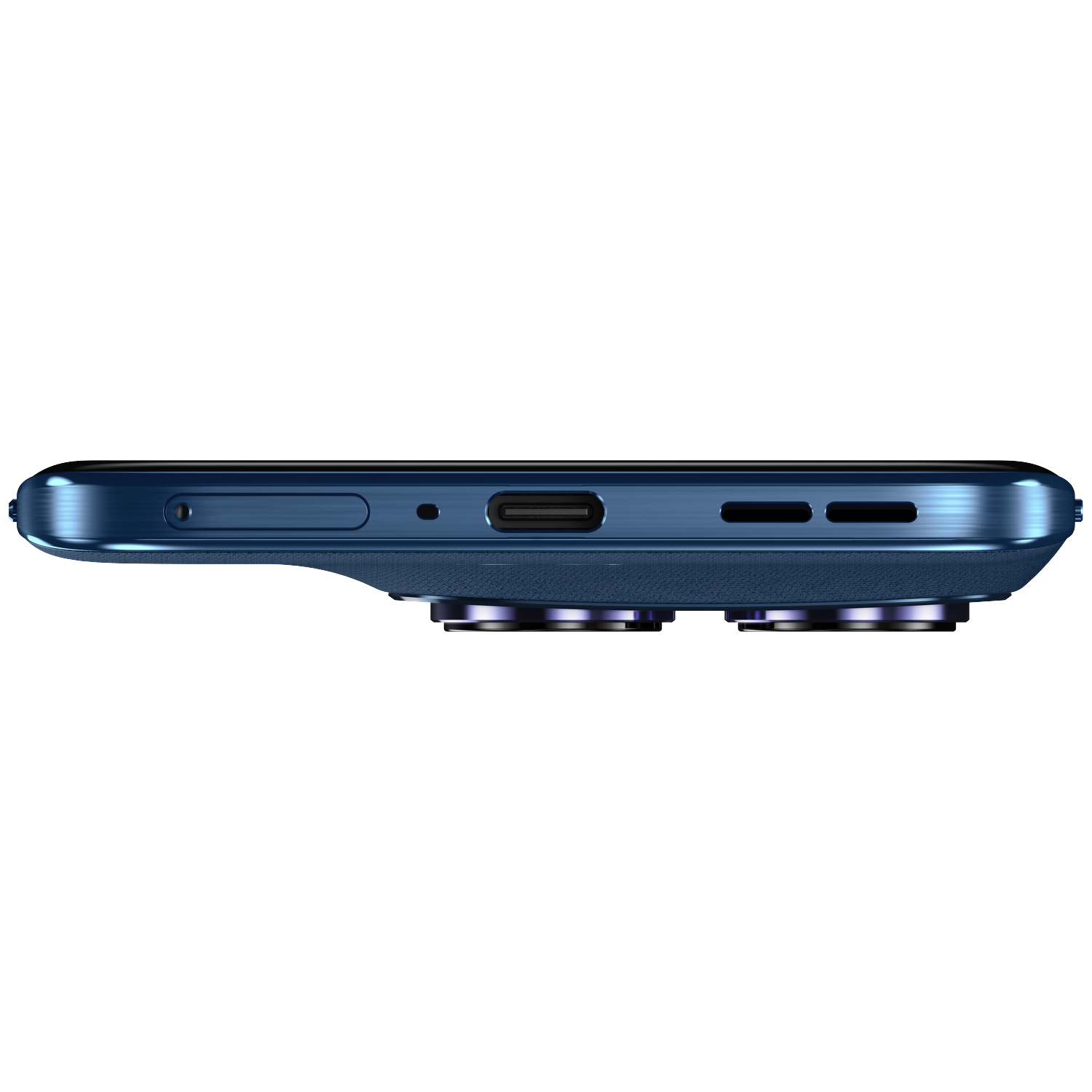 Dark blue smartphone with USB-C port and camera modules.