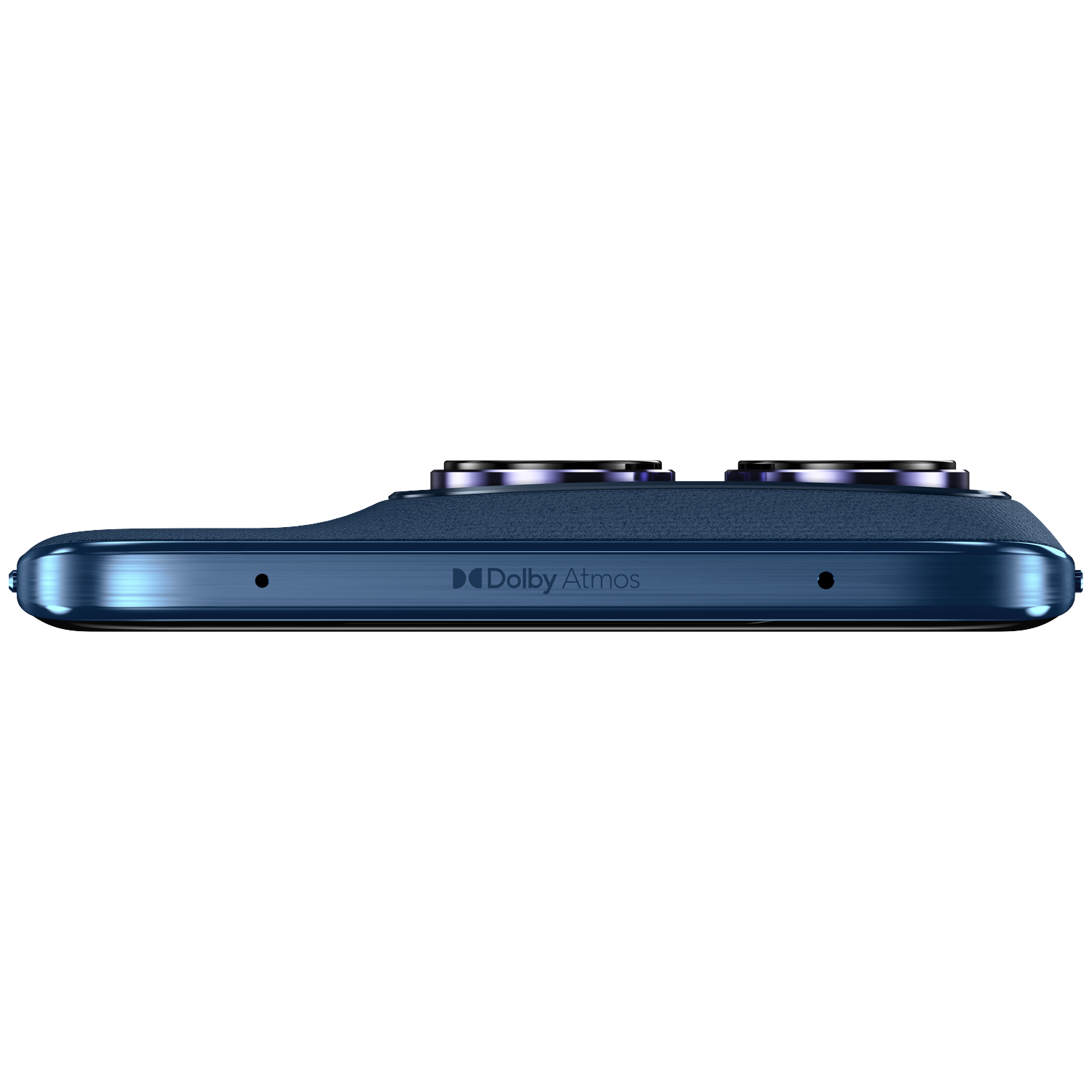 A blue smartphone featuring the Dolby Atmos logo and camera modules.