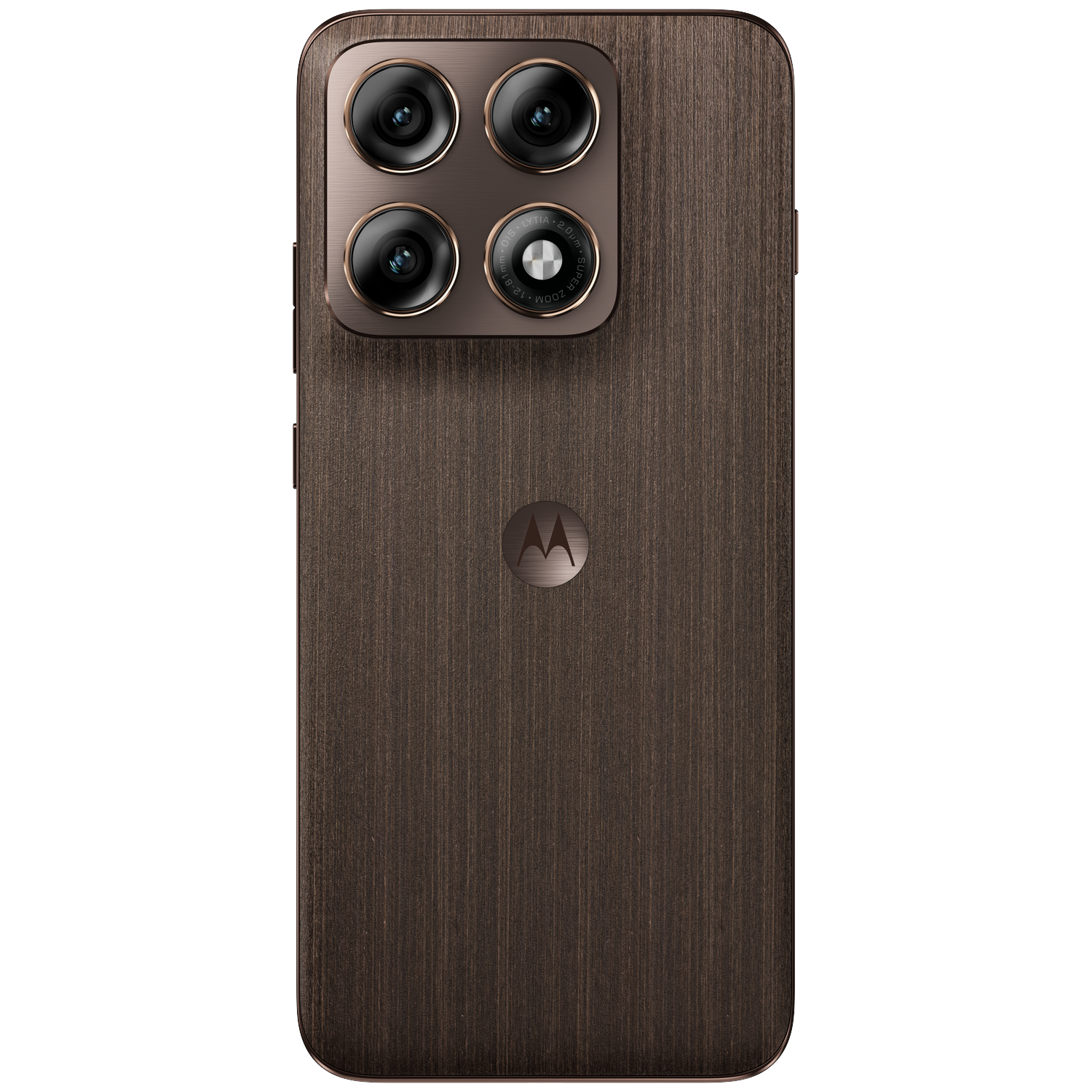 Back of a smartphone with four cameras and Motorola logo in wood finish.