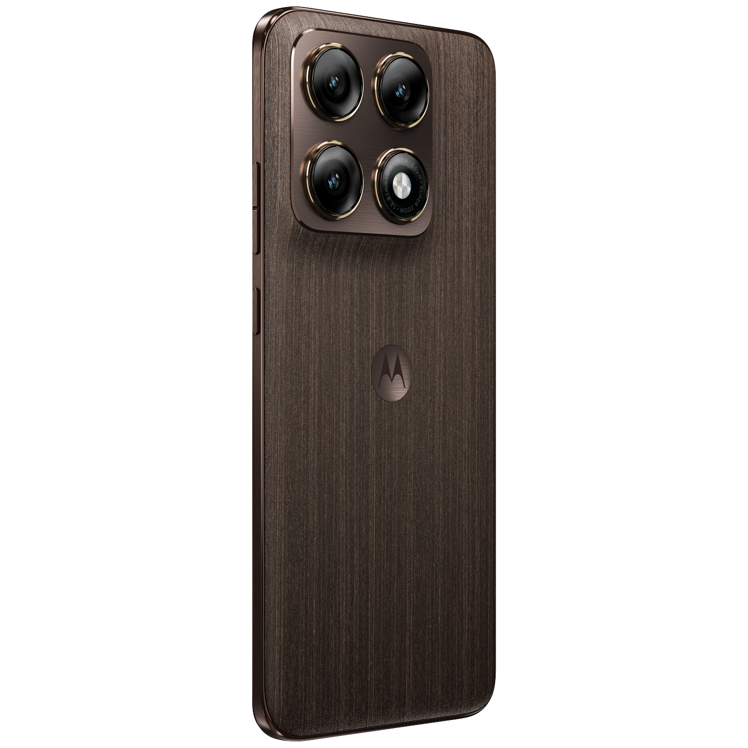Back of a dark wood smartphone with four cameras and Motorola logo.