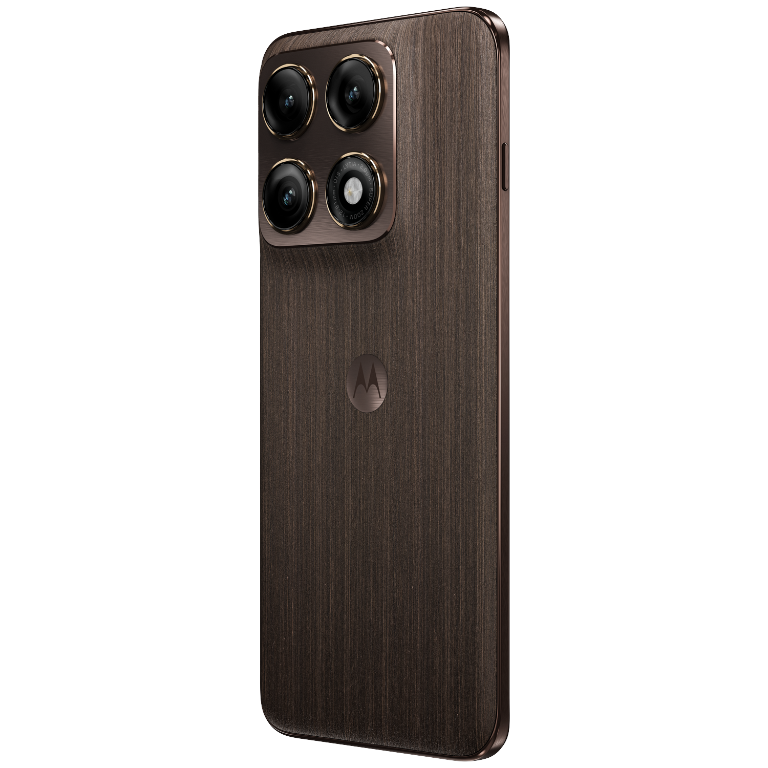 Dark brown Motorola smartphone with four cameras and a brushed metal finish.