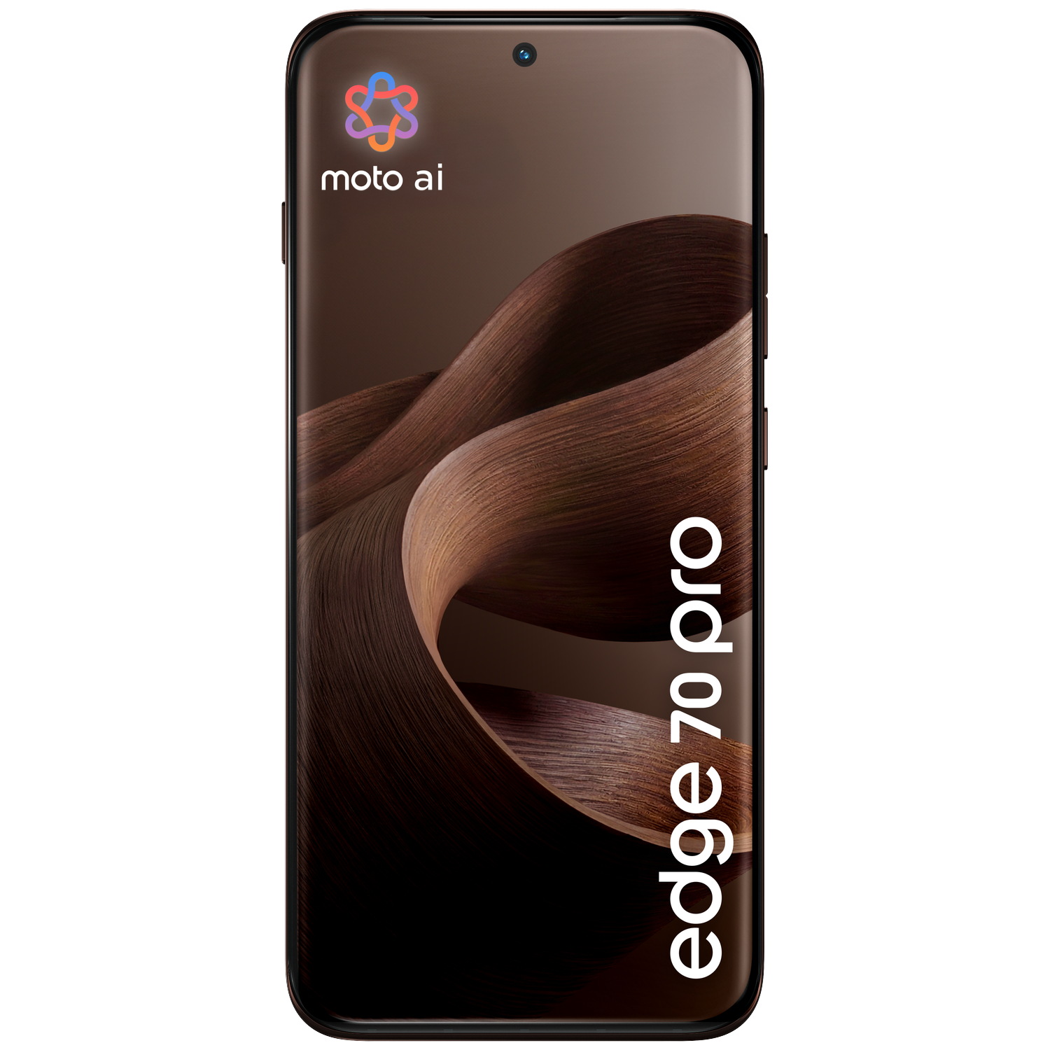 A smartphone displaying a curved brown background with the moto ai logo.