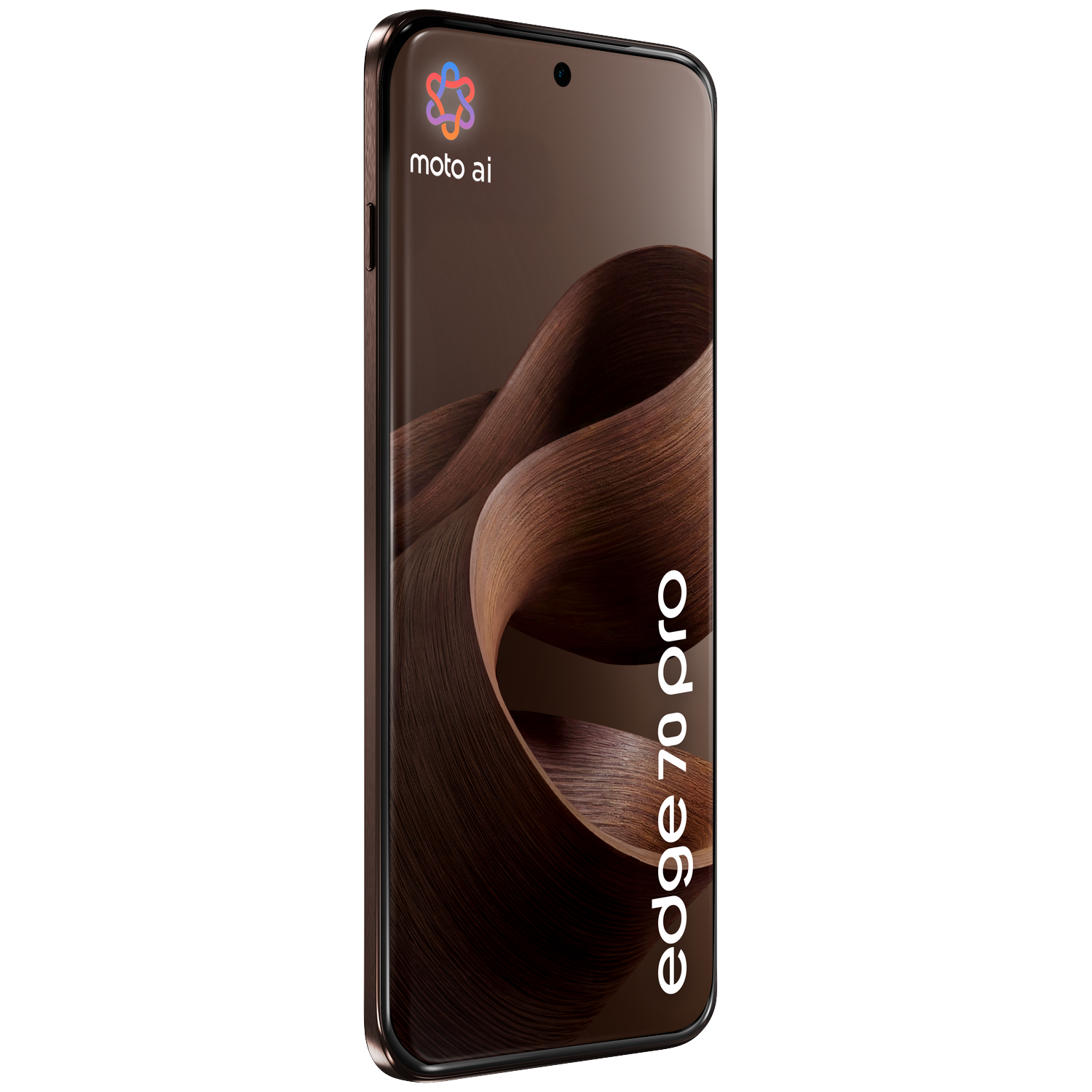 Motorola Edge 70 Pro smartphone with wood pattern wallpaper and Moto AI logo.