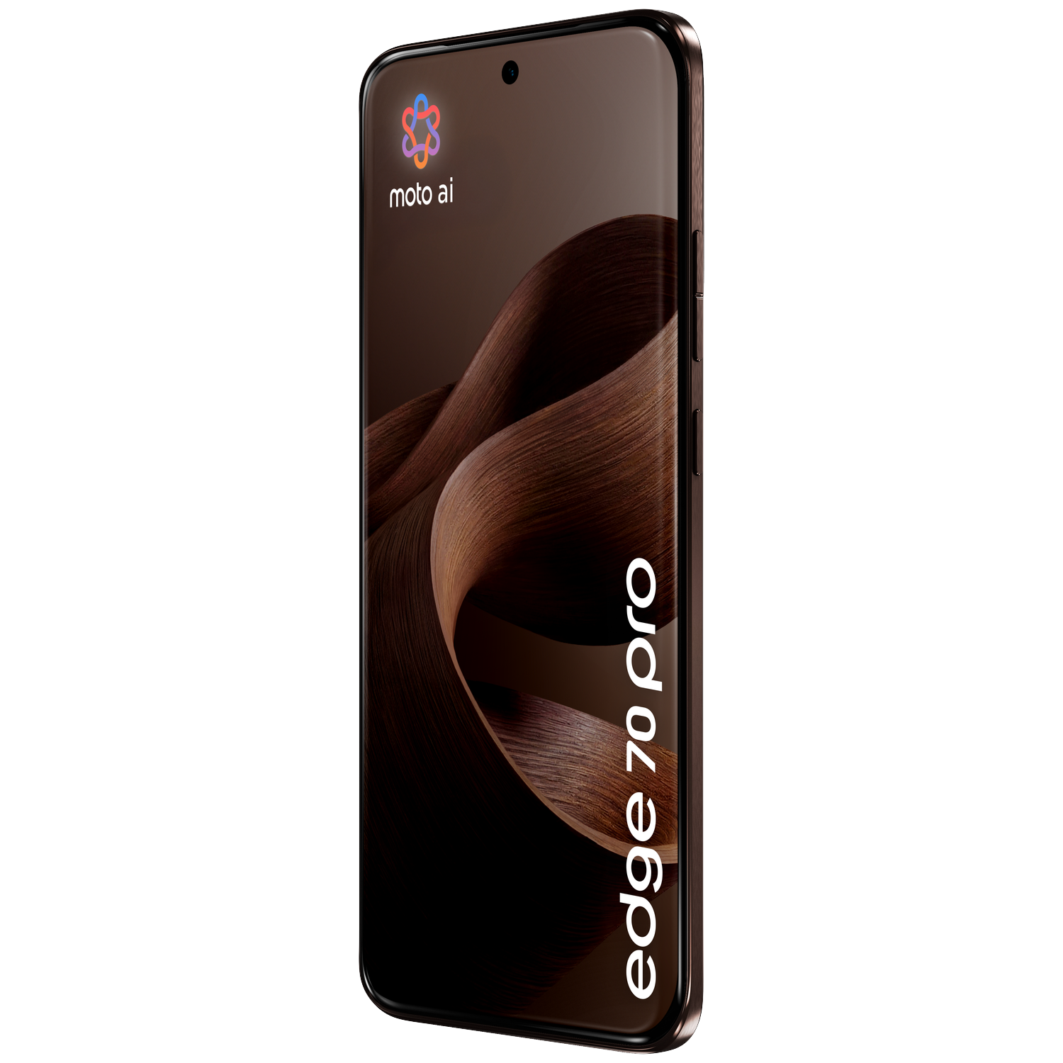 A smartphone featuring a wooden pattern wallpaper and "edge 70 pro" text.