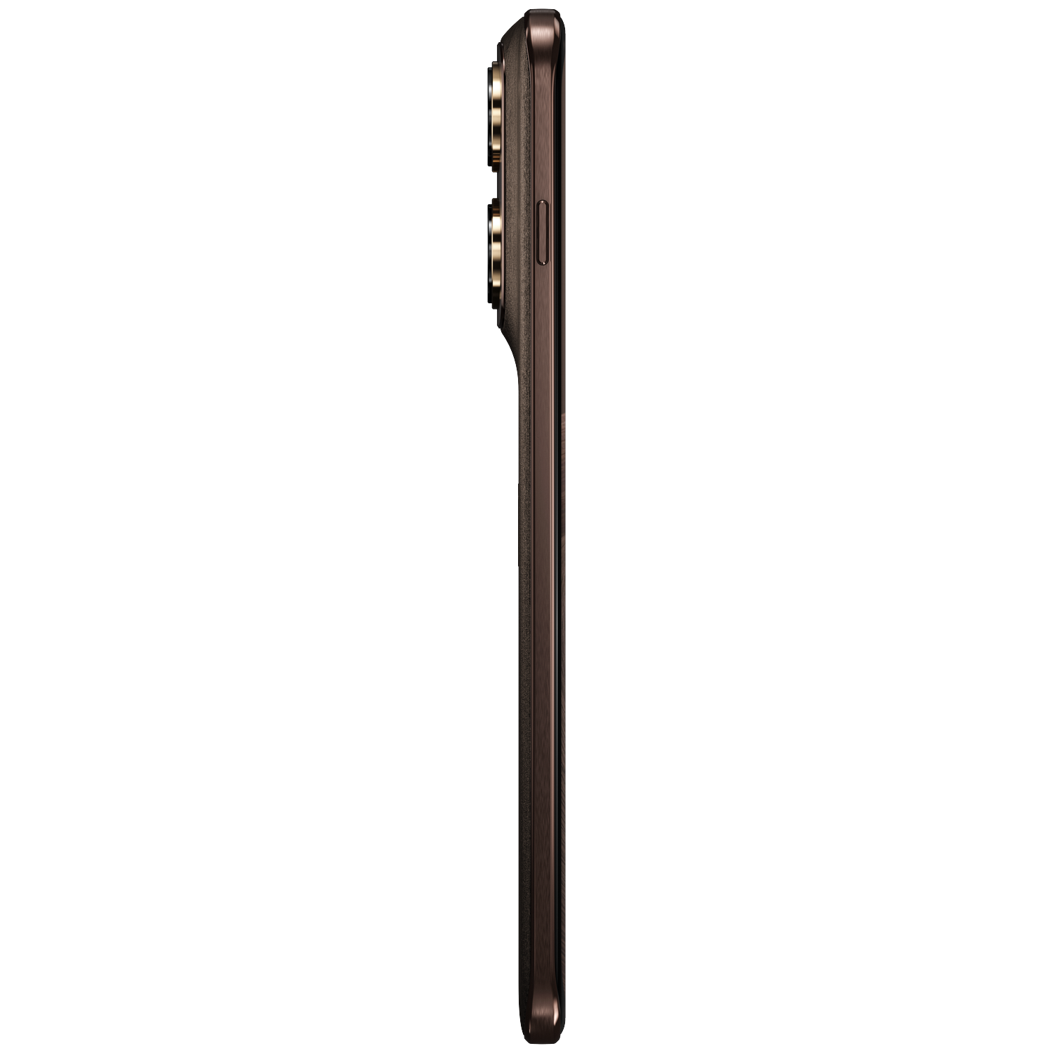 Dark brown smartphone in profile with cameras and button.