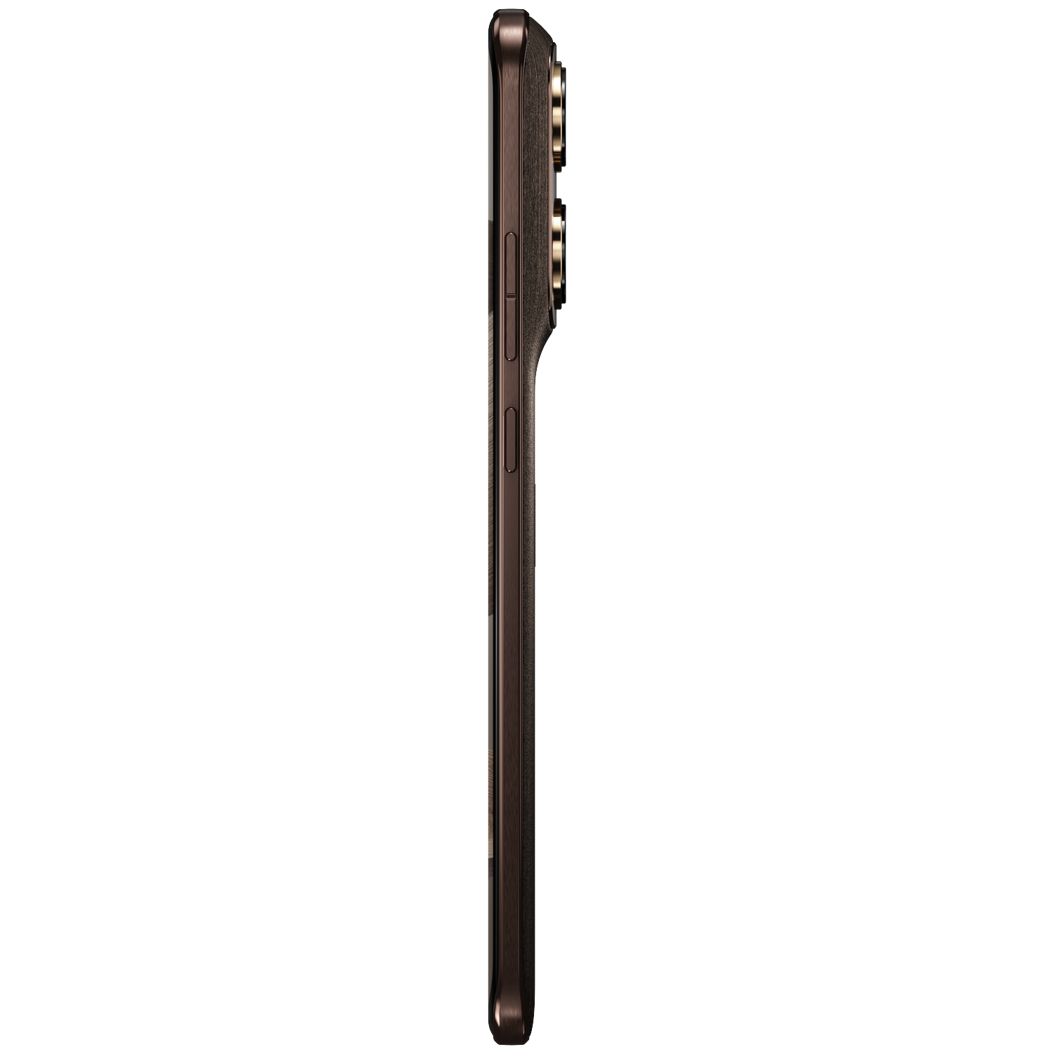 Dark brown smartphone shown in profile, featuring three cameras and volume buttons.