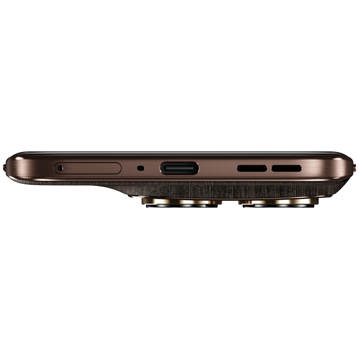 Brown smartphone body with USB-C port, speaker grilles, and camera lenses.