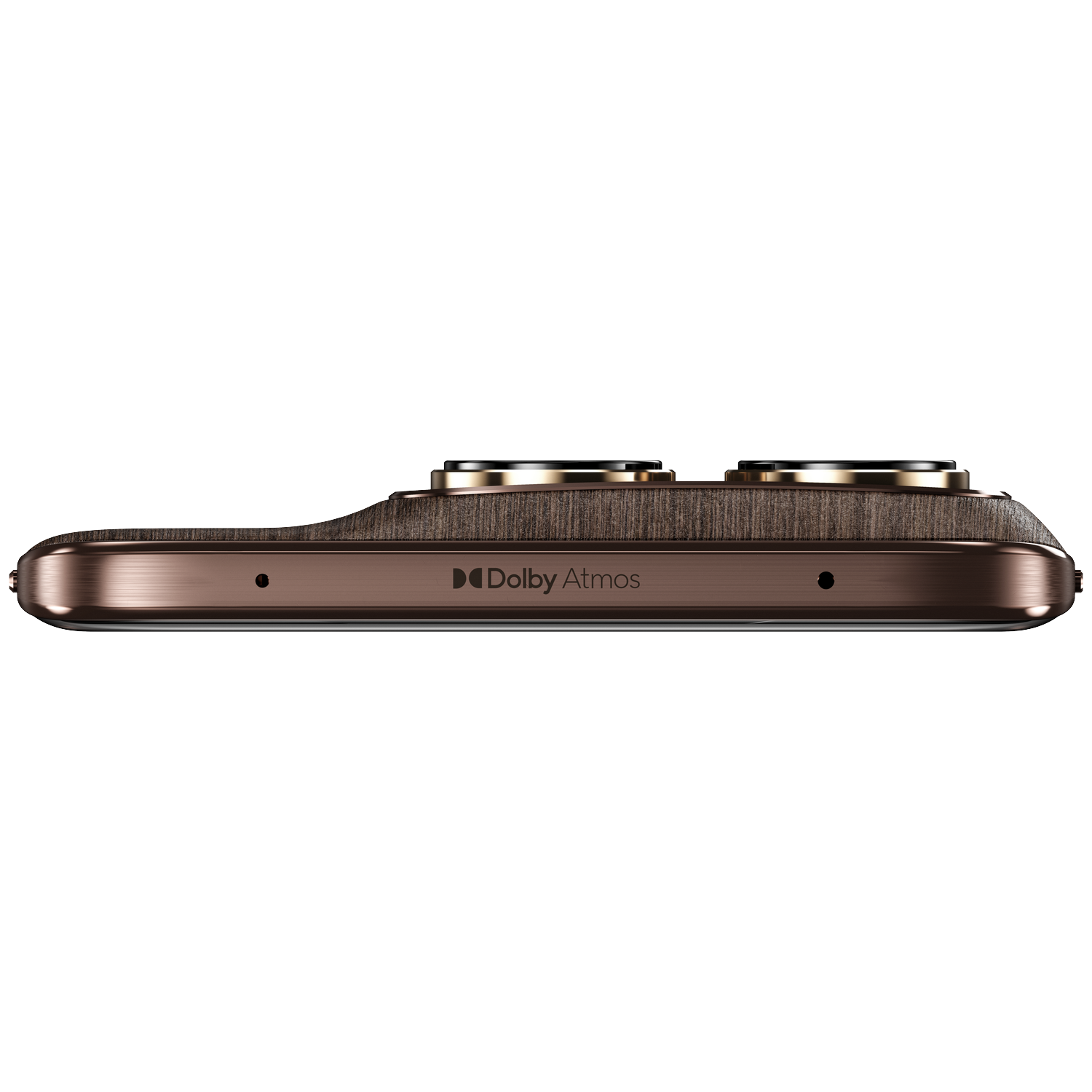 Side view of a brown smartphone with dual cameras and Dolby Atmos logo.