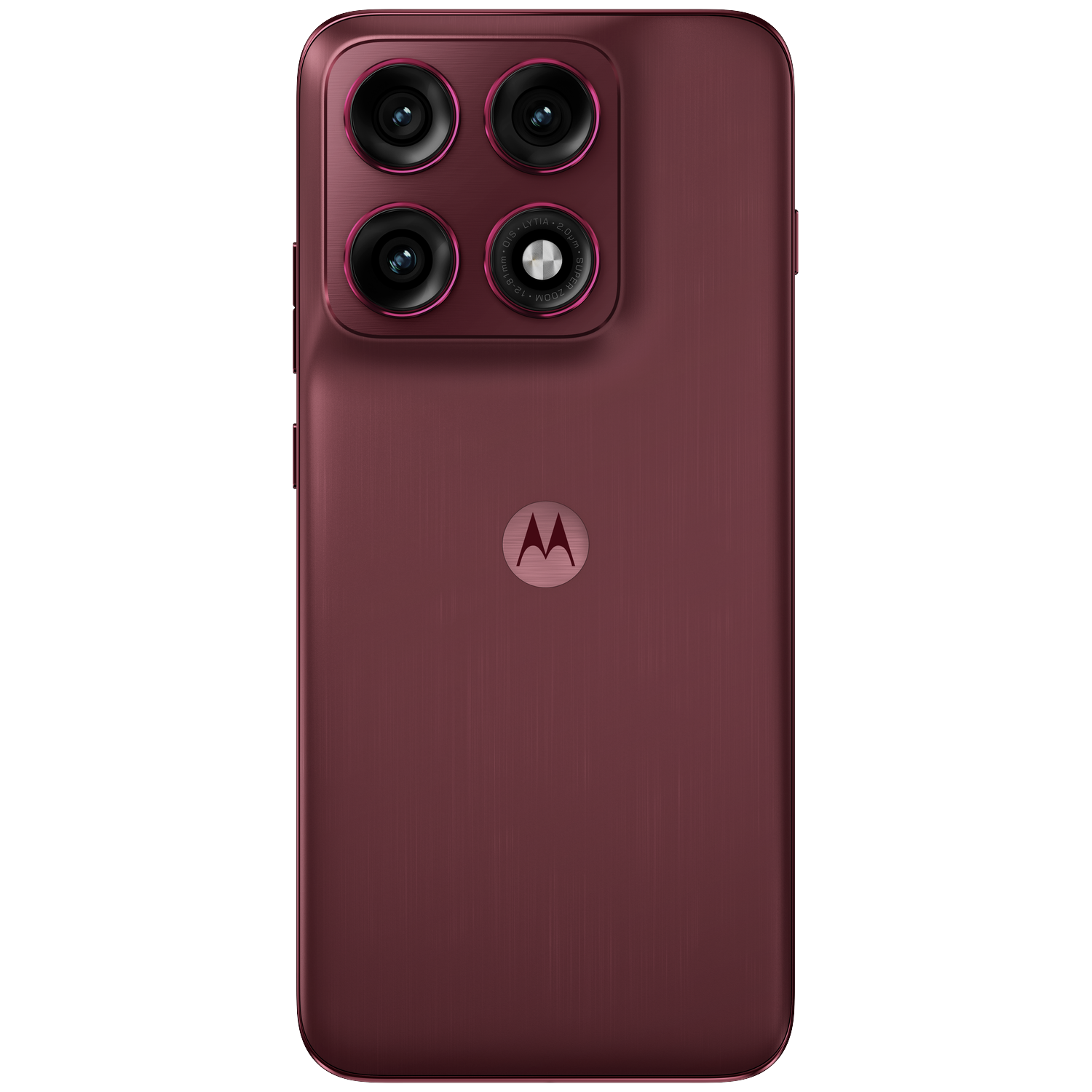 Rear view of a red Motorola smartphone with four cameras and Motorola logo.