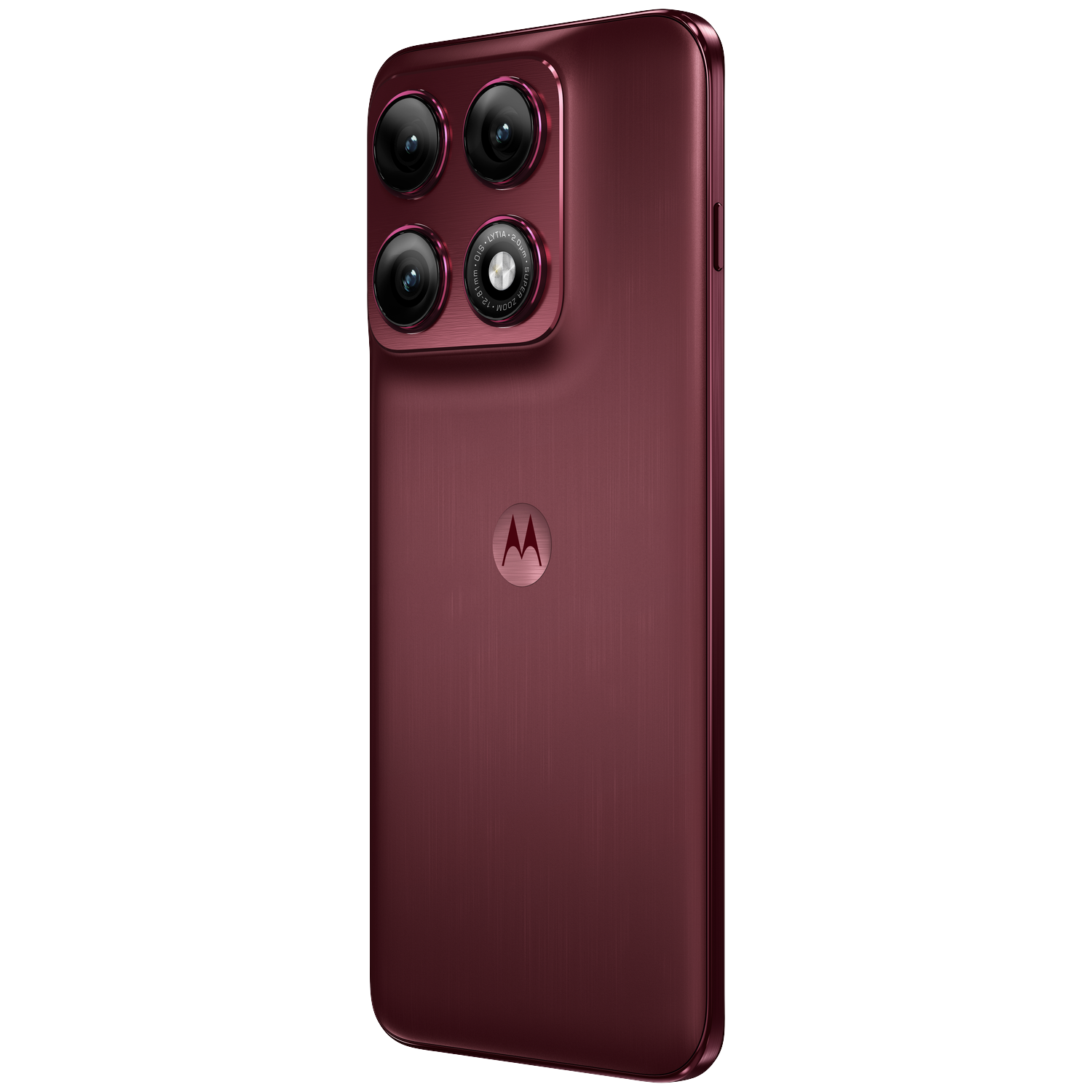 Red smartphone with four cameras and Motorola logo, on a white background.
