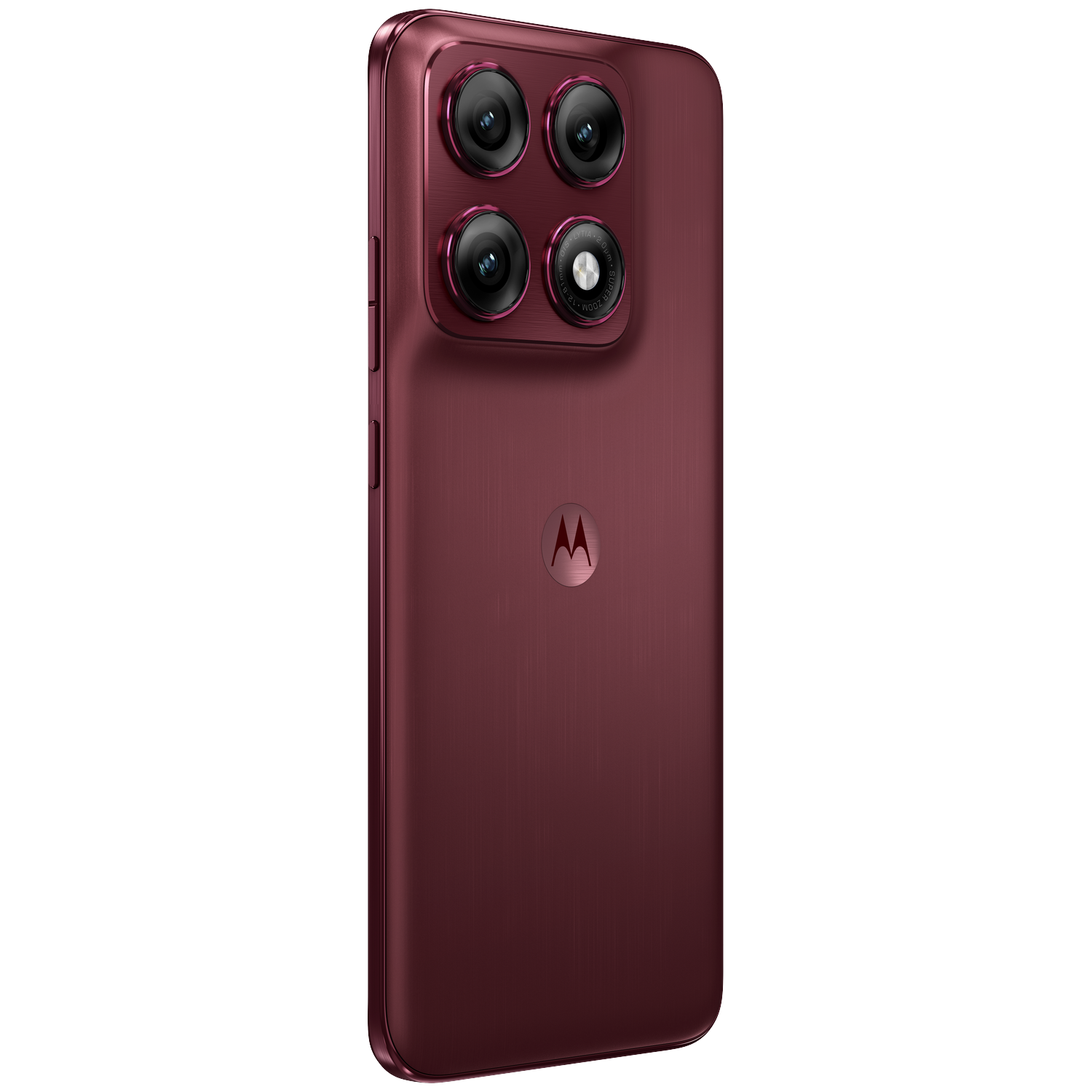 Back of a dark red smartphone with four cameras and Motorola logo.