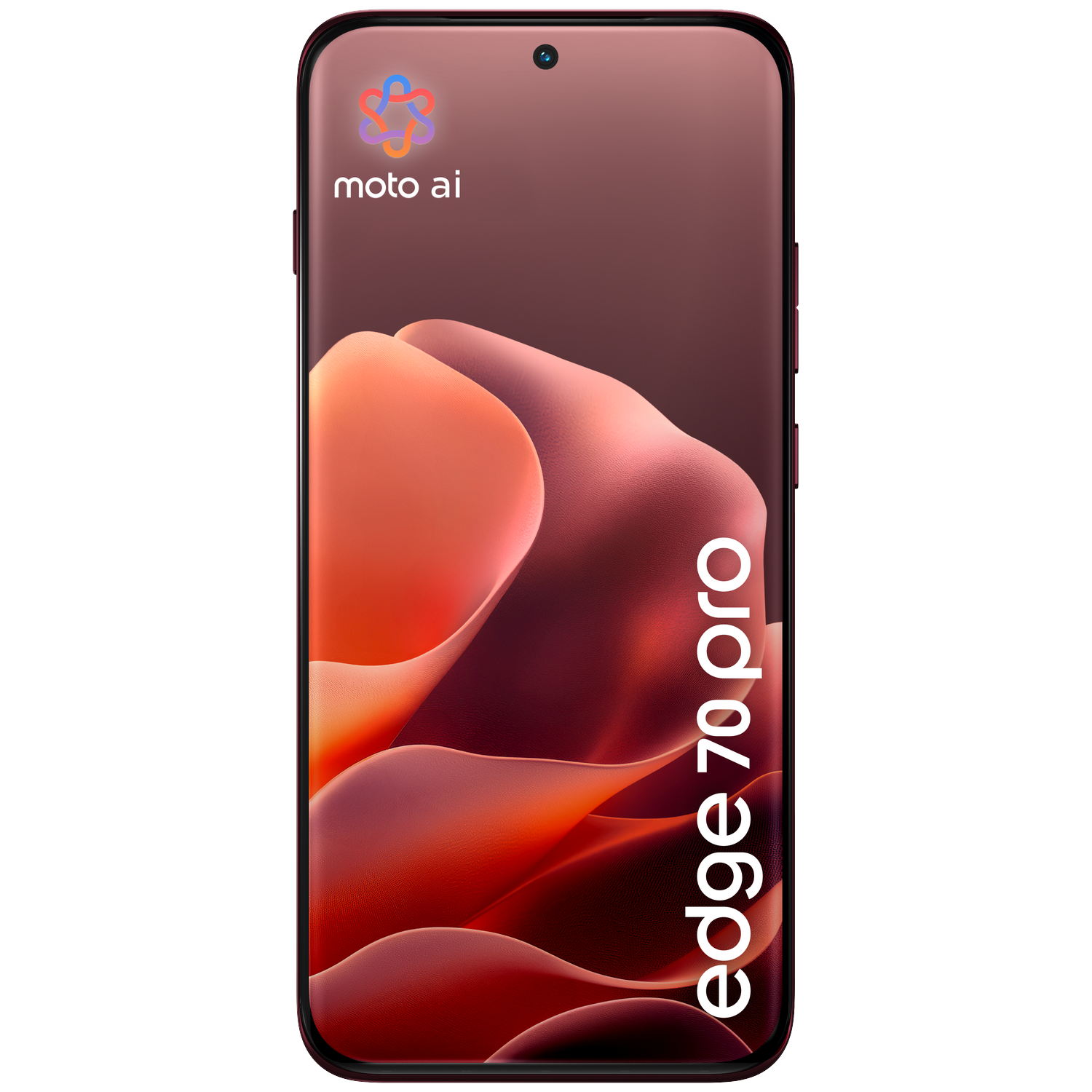 A red smartphone displaying "edge 70 pro" text and the Moto AI logo.