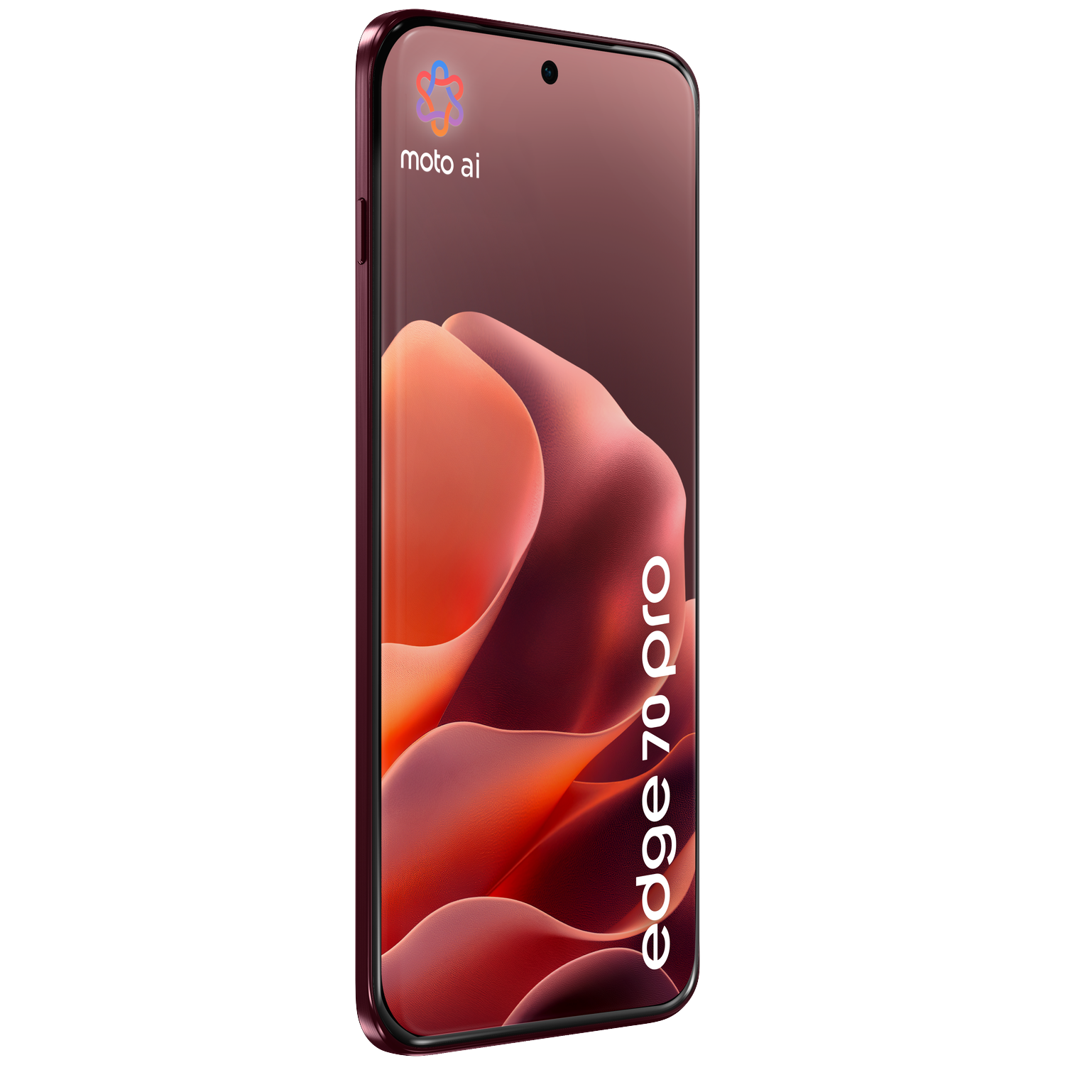 A red smartphone displaying "moto ai" logo and "edge 70 pro" text.