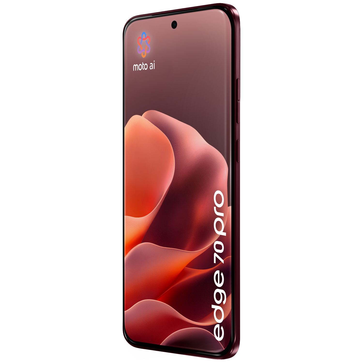 A maroon smartphone displaying "moto ai" logo and "edge 70 pro" text.