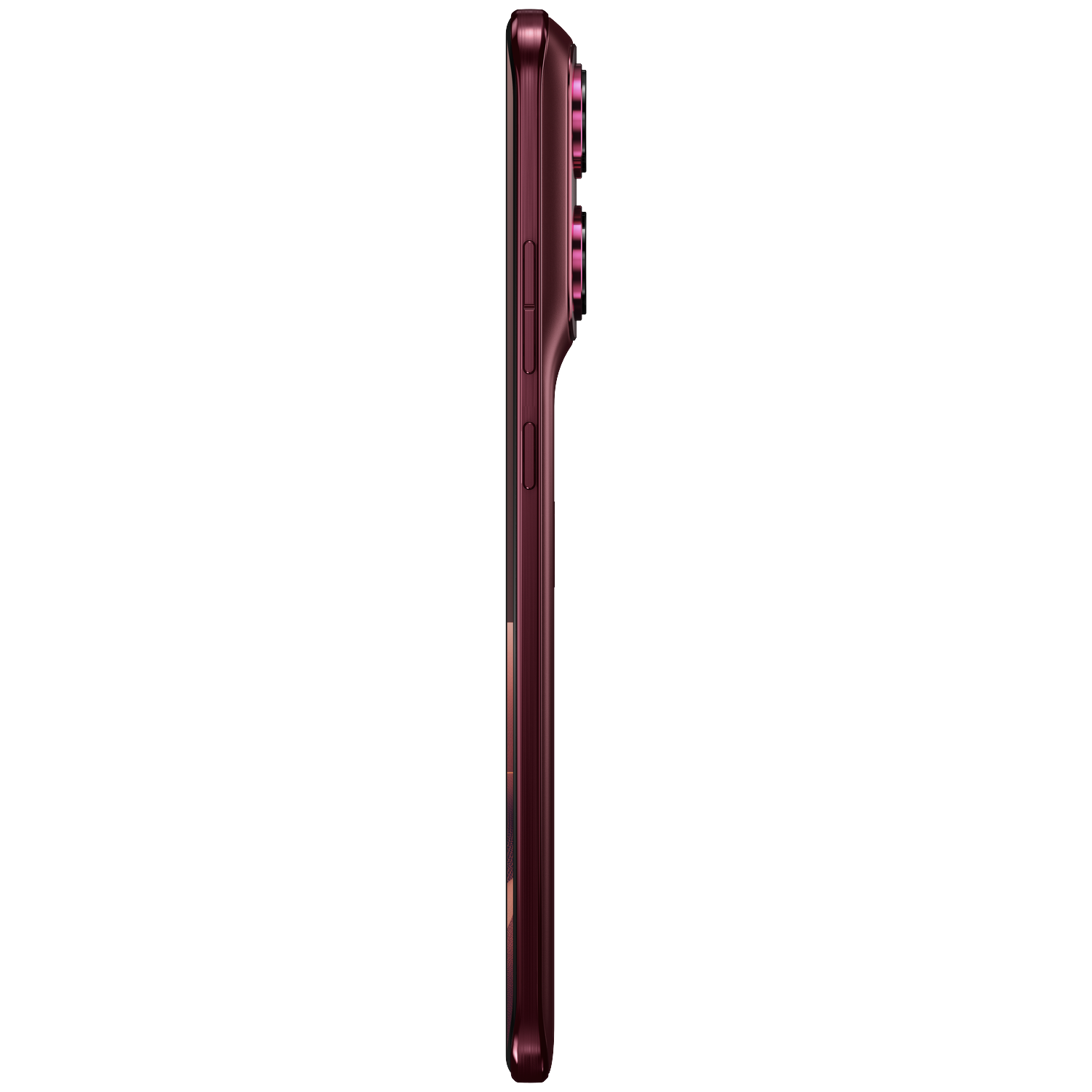 Dark red smartphone shown from the side, with multiple camera lenses at the top.
