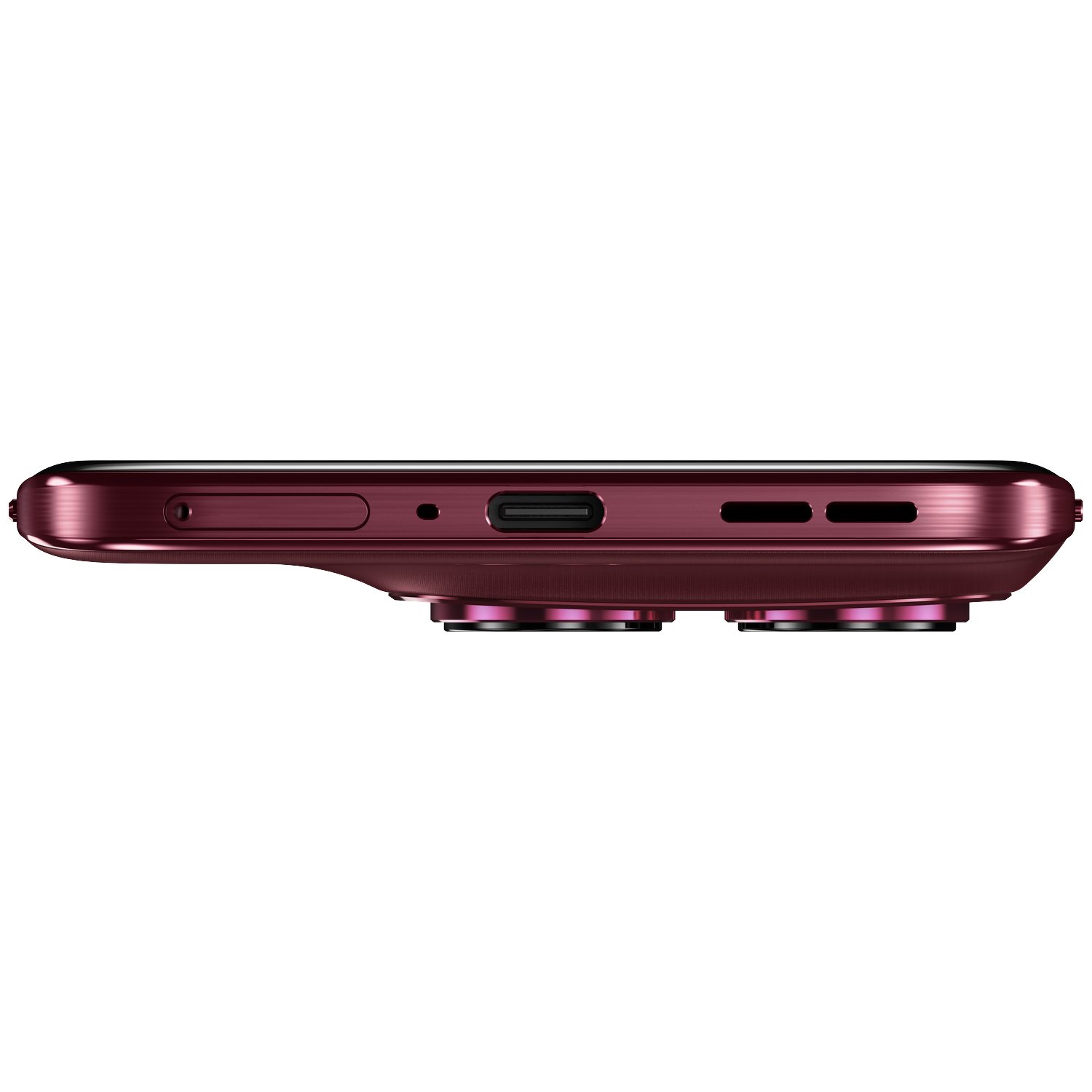 The red back of a smartphone with two camera lenses and a charging port.