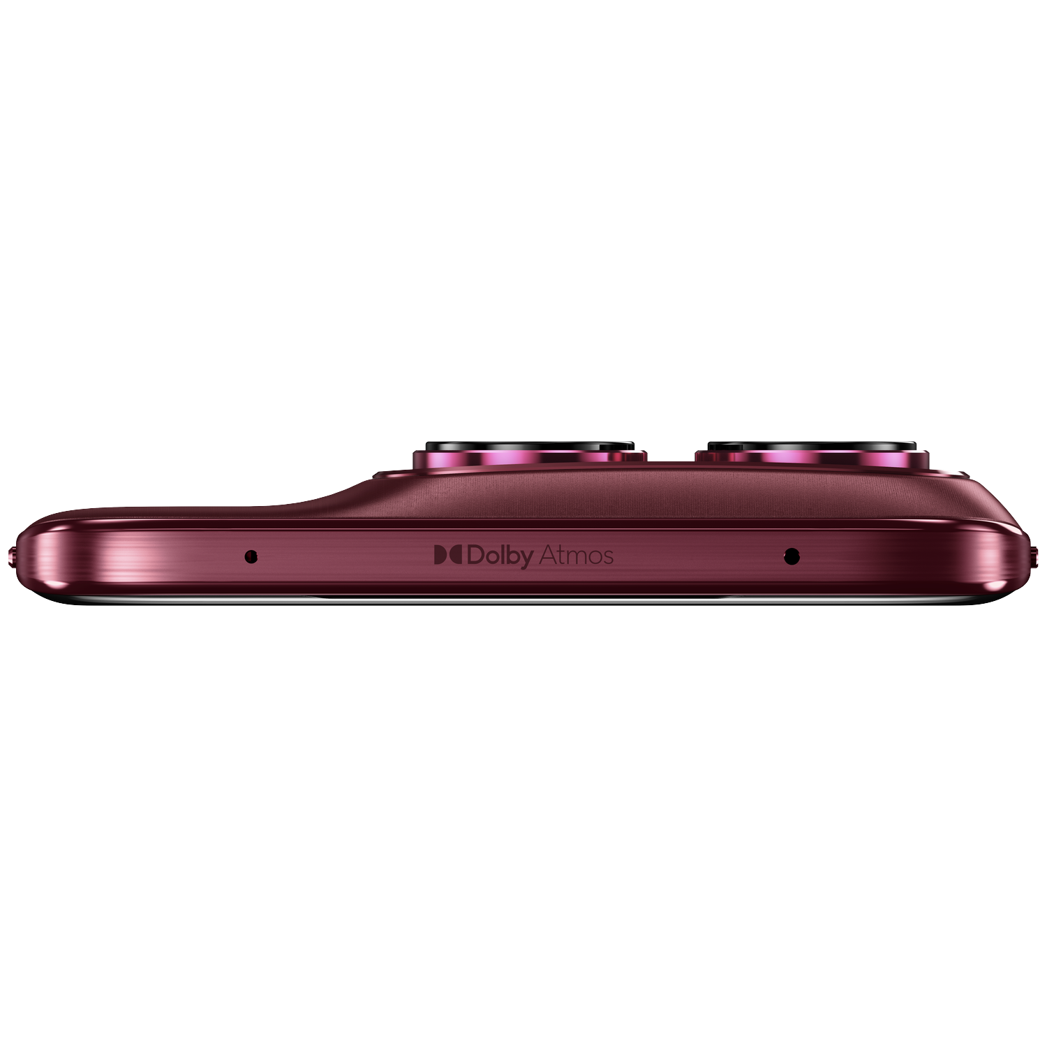 A red smartphone with two camera lenses and Dolby Atmos branding.