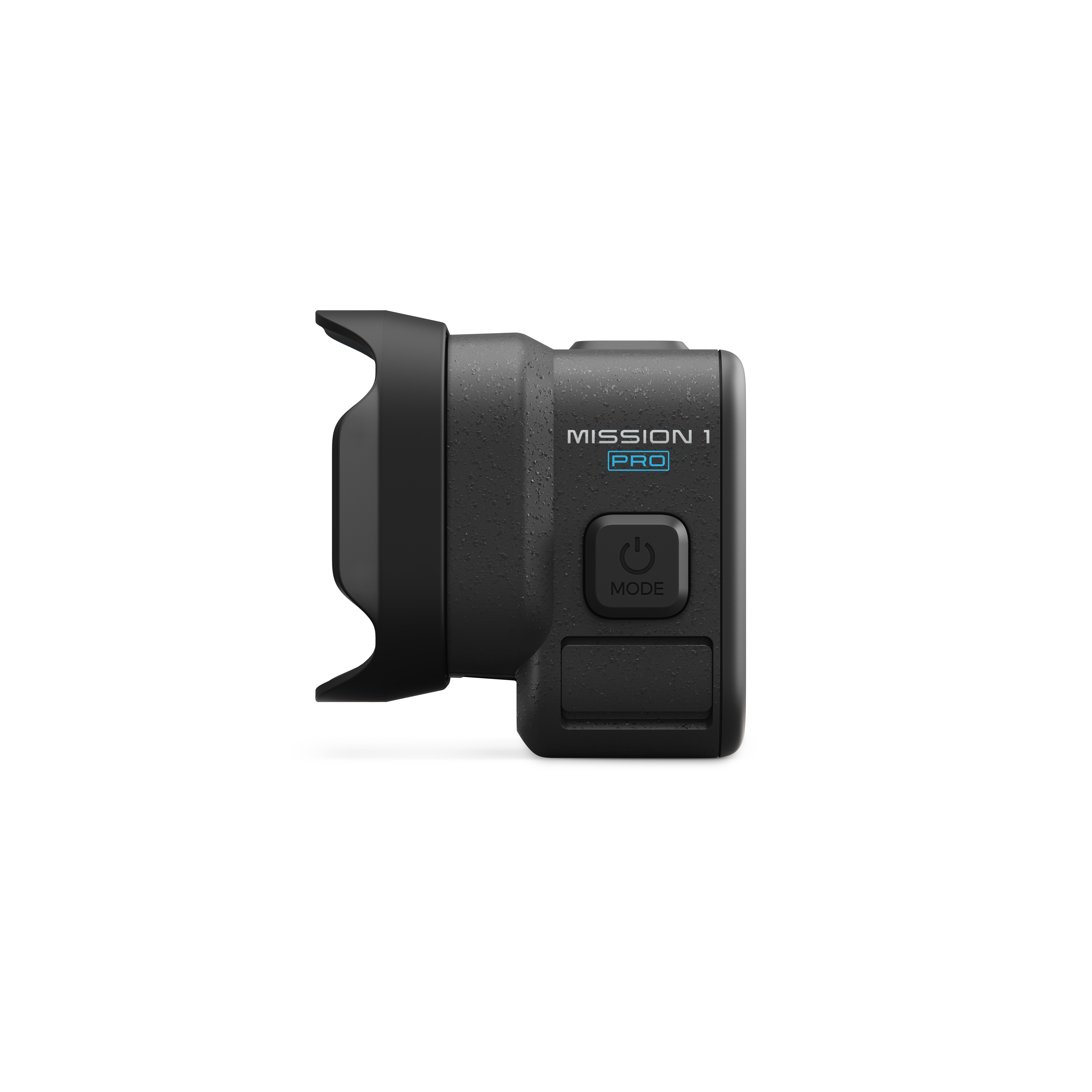 Schwarze Action-Kamera mit 'MISSION 1 PRO'-Logo und Modustaste.